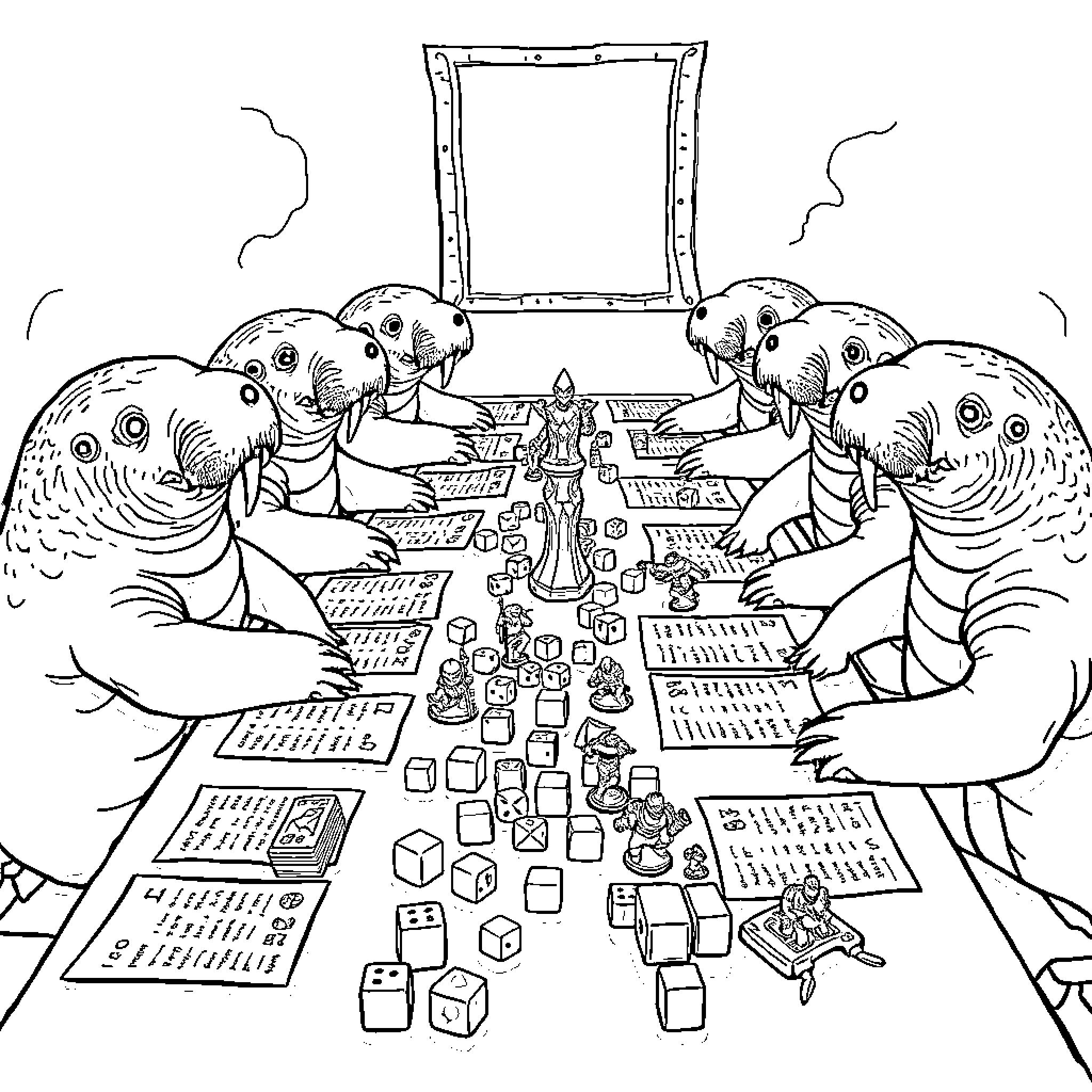 Manatees playing board games in a fantastical scene Coloring Page (free black-and-white line drawing printable PDF for all, from beginners to advanced learners, including children, teens, adults, and seniors)