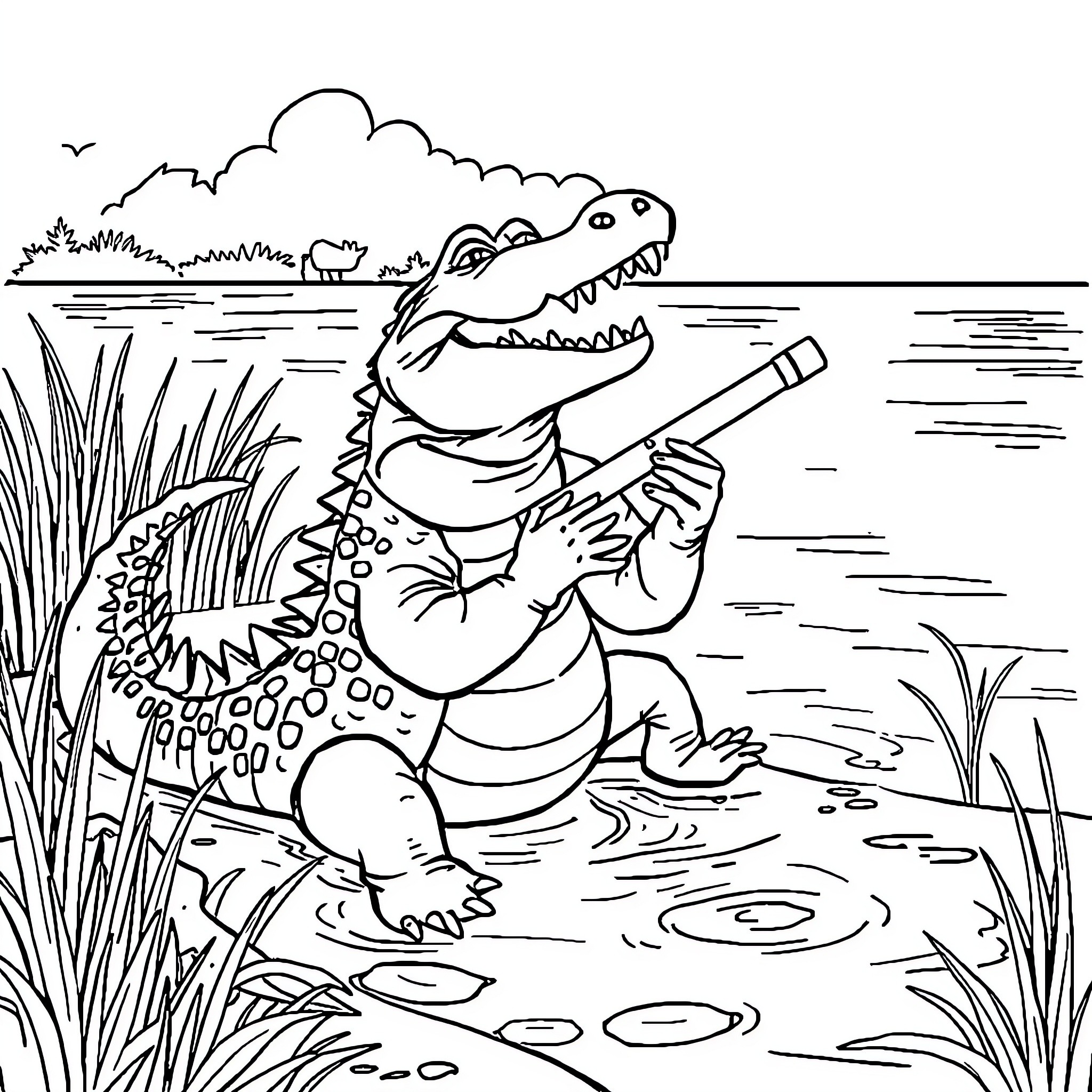 Alligator fishing in the swamp Coloring Page (free black-and-white line drawing printable PDF for all, from beginners to advanced learners, including children, teens, adults, and seniors)