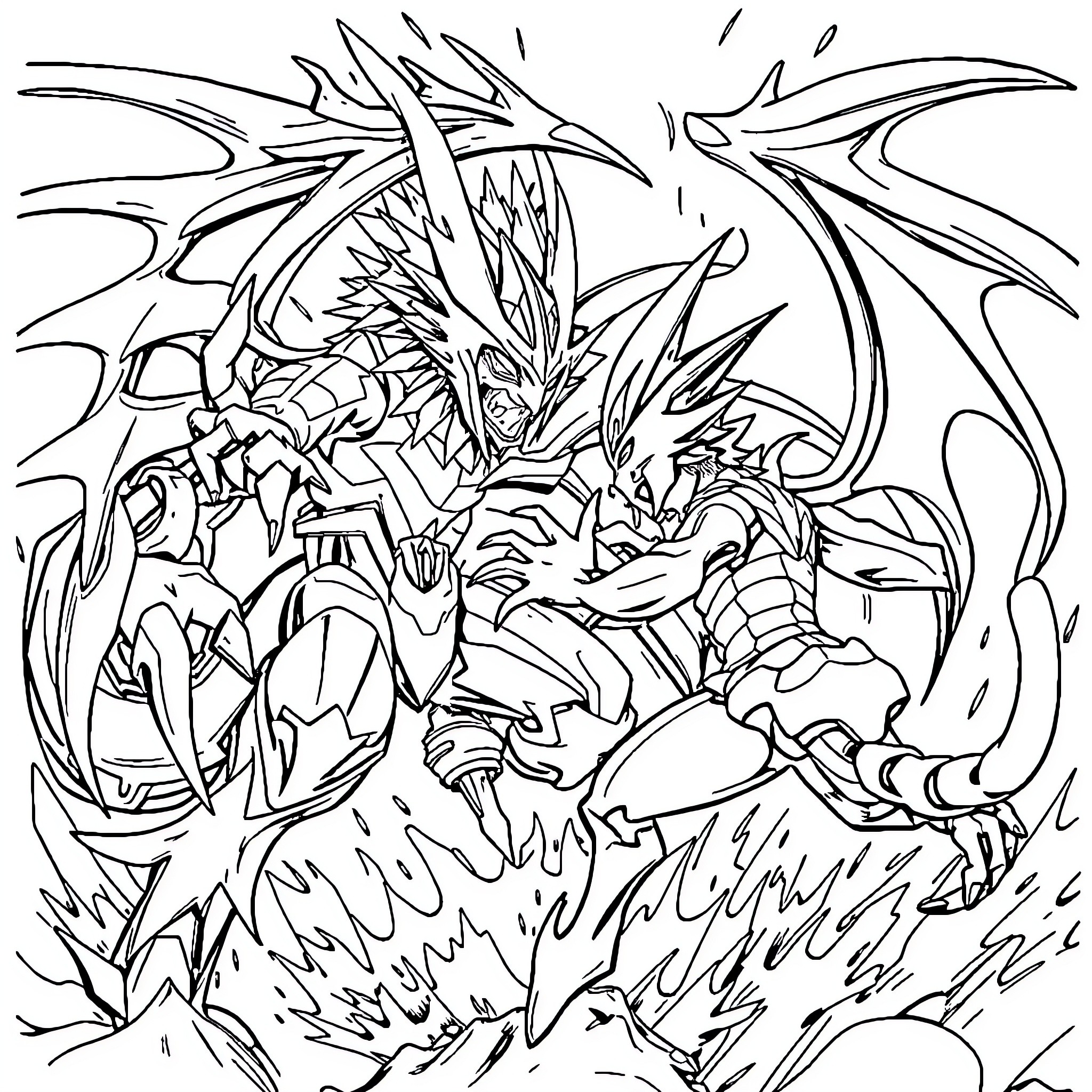 Digimon characters in fierce battle with fierce expressions Coloring Page (free black-and-white line drawing printable PDF for all, from beginners to advanced learners, including children, teens, adults, and seniors)
