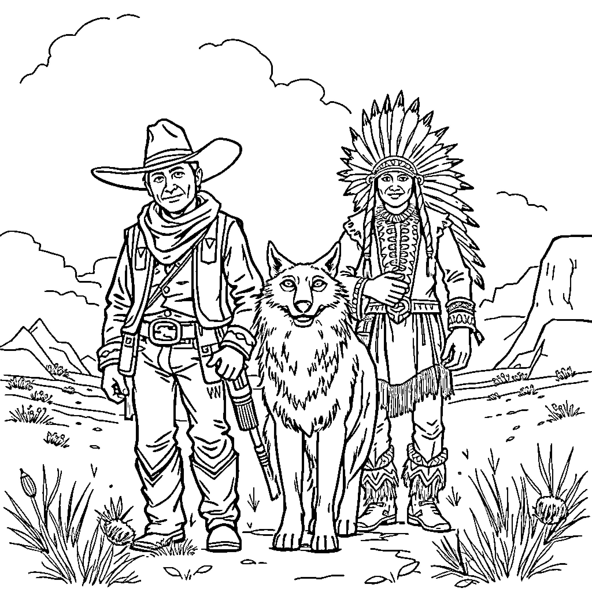 Cowboy and Native American with wolf in the desert Coloring Page (free black-and-white line drawing printable PDF for all, from beginners to advanced learners, including children, teens, adults, and seniors)