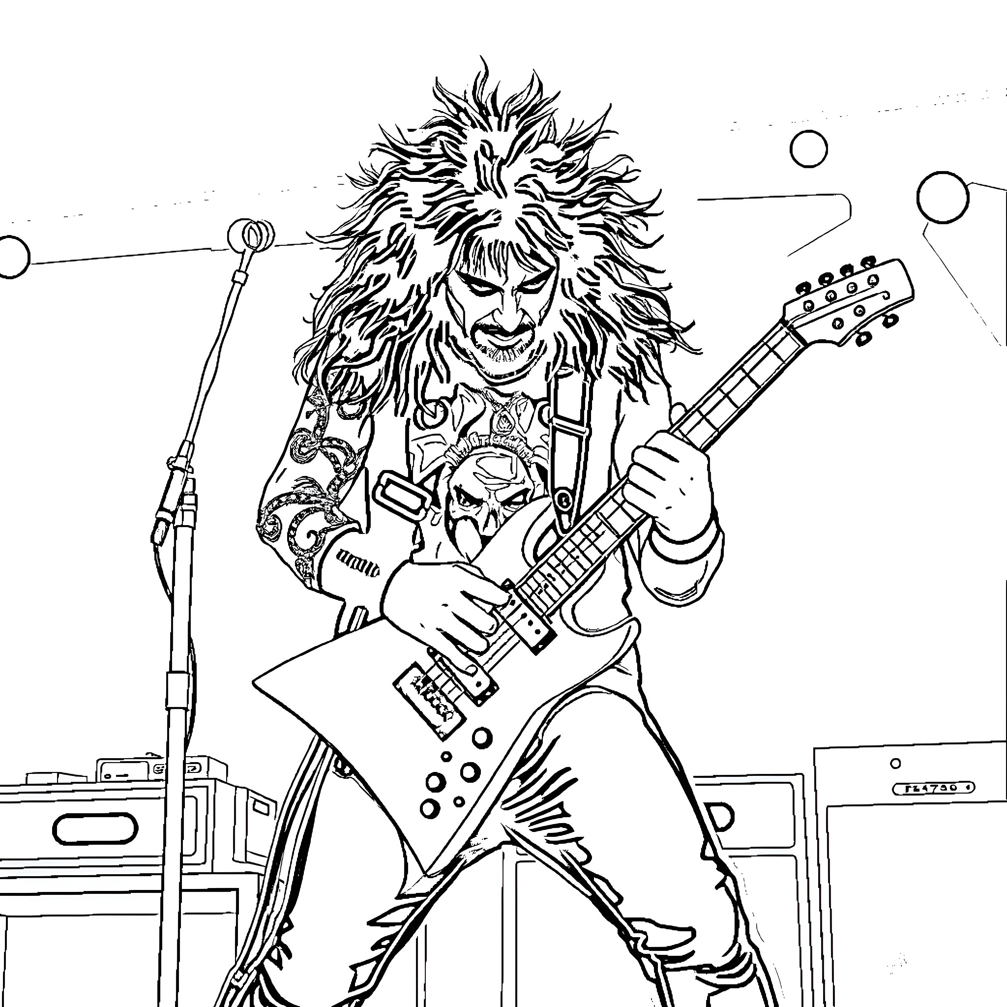 Dimebag Darrell playing guitar on stage Coloring Page (free black-and-white line drawing printable PDF for all, from beginners to advanced learners, including children, teens, adults, and seniors)