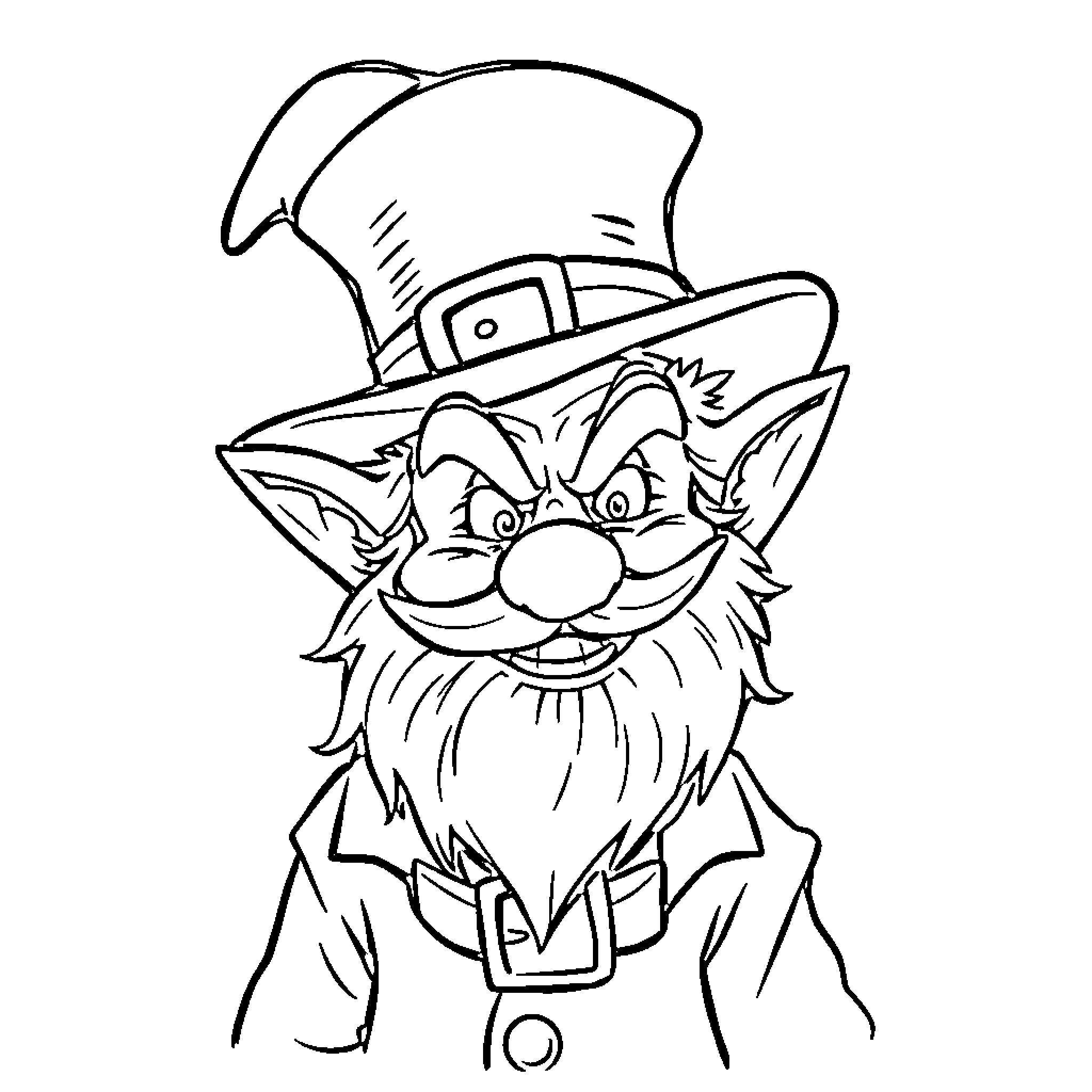 Leprechaun with a mischievous grin Coloring Page (free black-and-white line drawing printable PDF for all, from beginners to advanced learners, including children, teens, adults, and seniors)