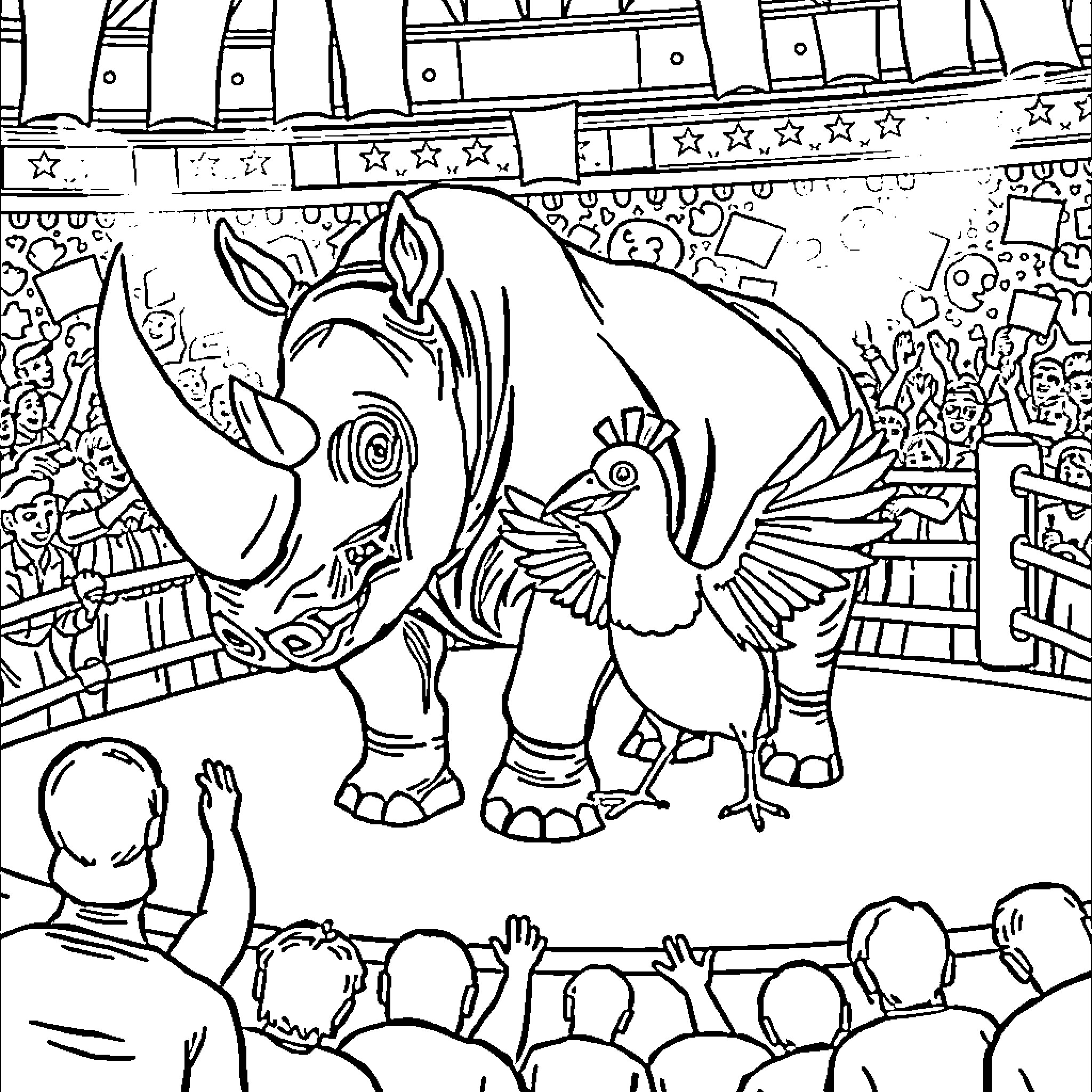 Rhino performing in a circus show Coloring Page (free black-and-white line drawing printable PDF for all, from beginners to advanced learners, including children, teens, adults, and seniors)
