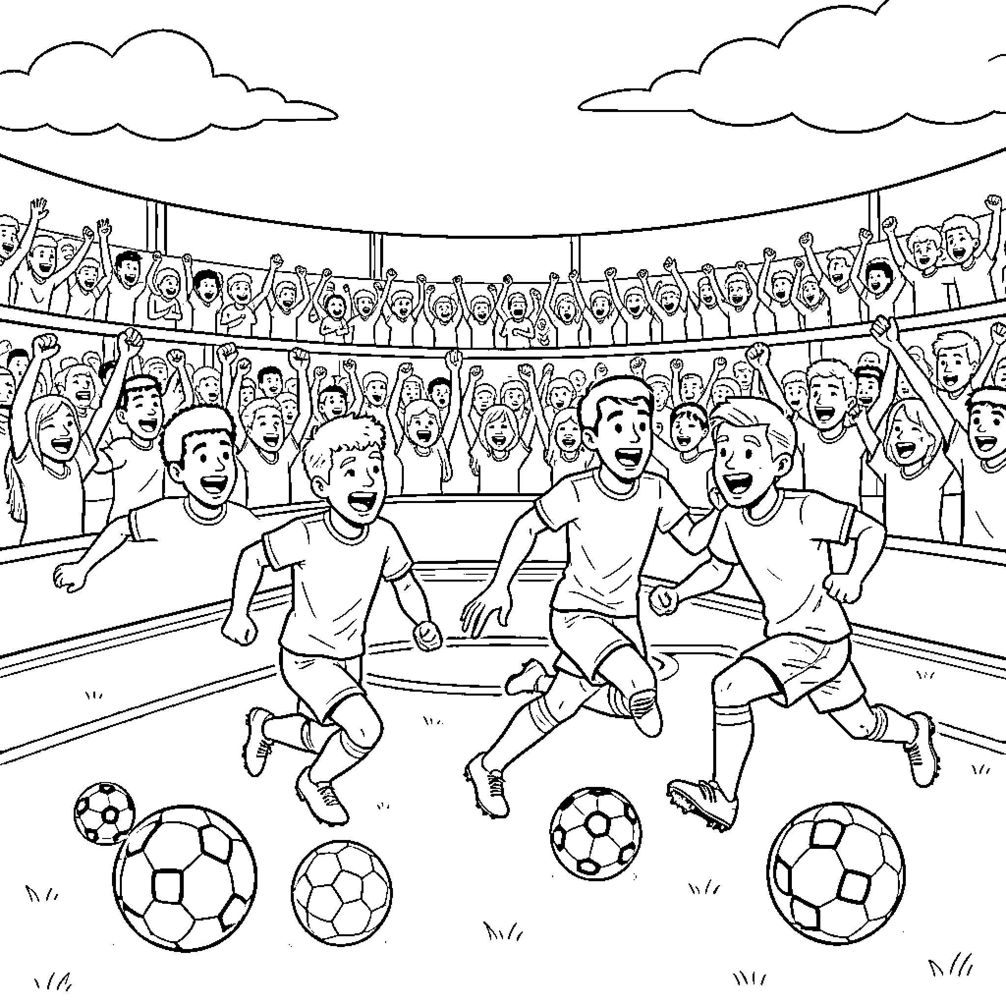 Soccer players competing in a stadium match Coloring Page (free black-and-white line drawing printable PDF for all, from beginners to advanced learners, including children, teens, adults, and seniors)