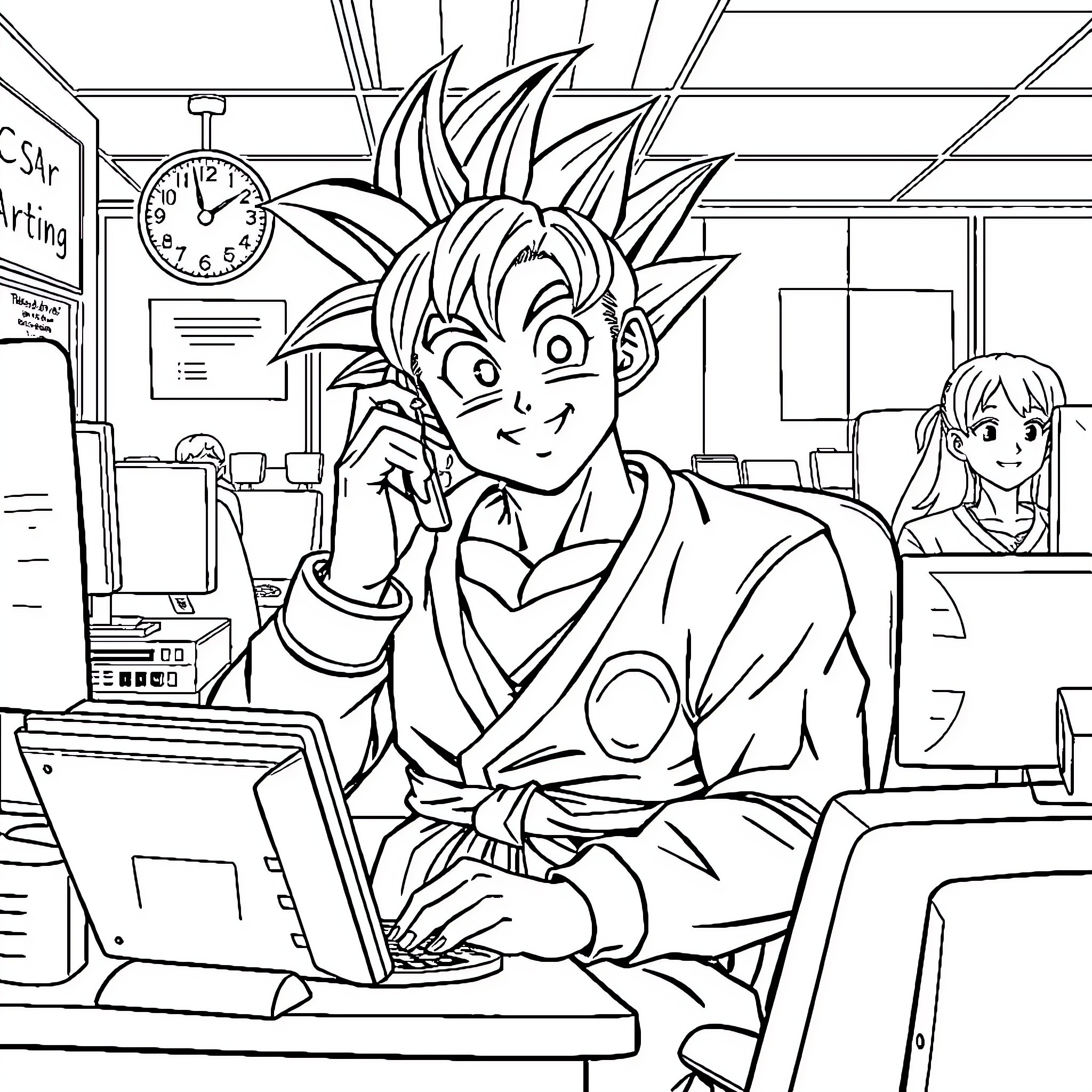 Son Goku studying diligently in classroom Coloring Page (free black-and-white line drawing printable PDF for all, from beginners to advanced learners, including children, teens, adults, and seniors)