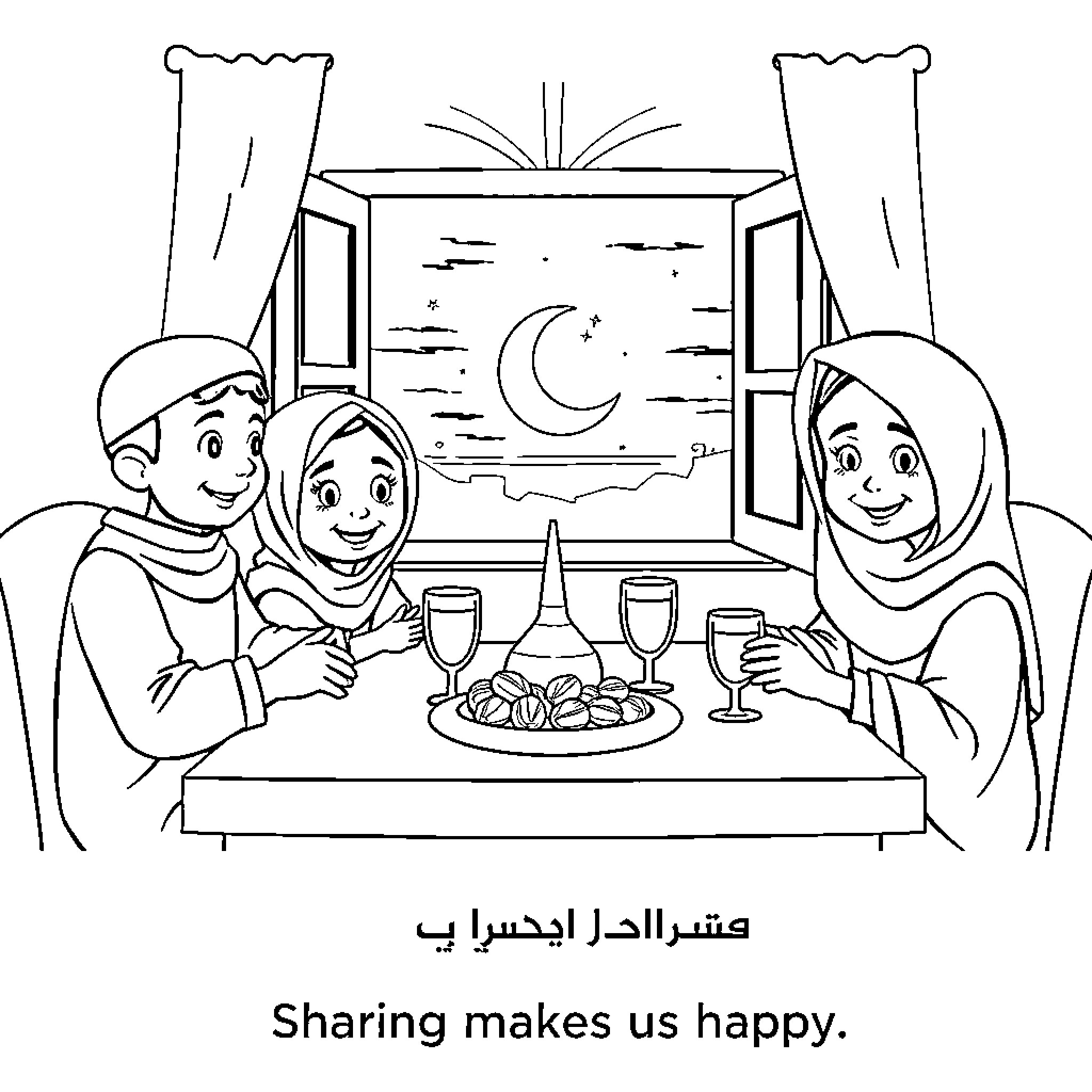 Family sharing a meal together at night Coloring Page (free black-and-white line drawing printable PDF for all, from beginners to advanced learners, including children, teens, adults, and seniors)