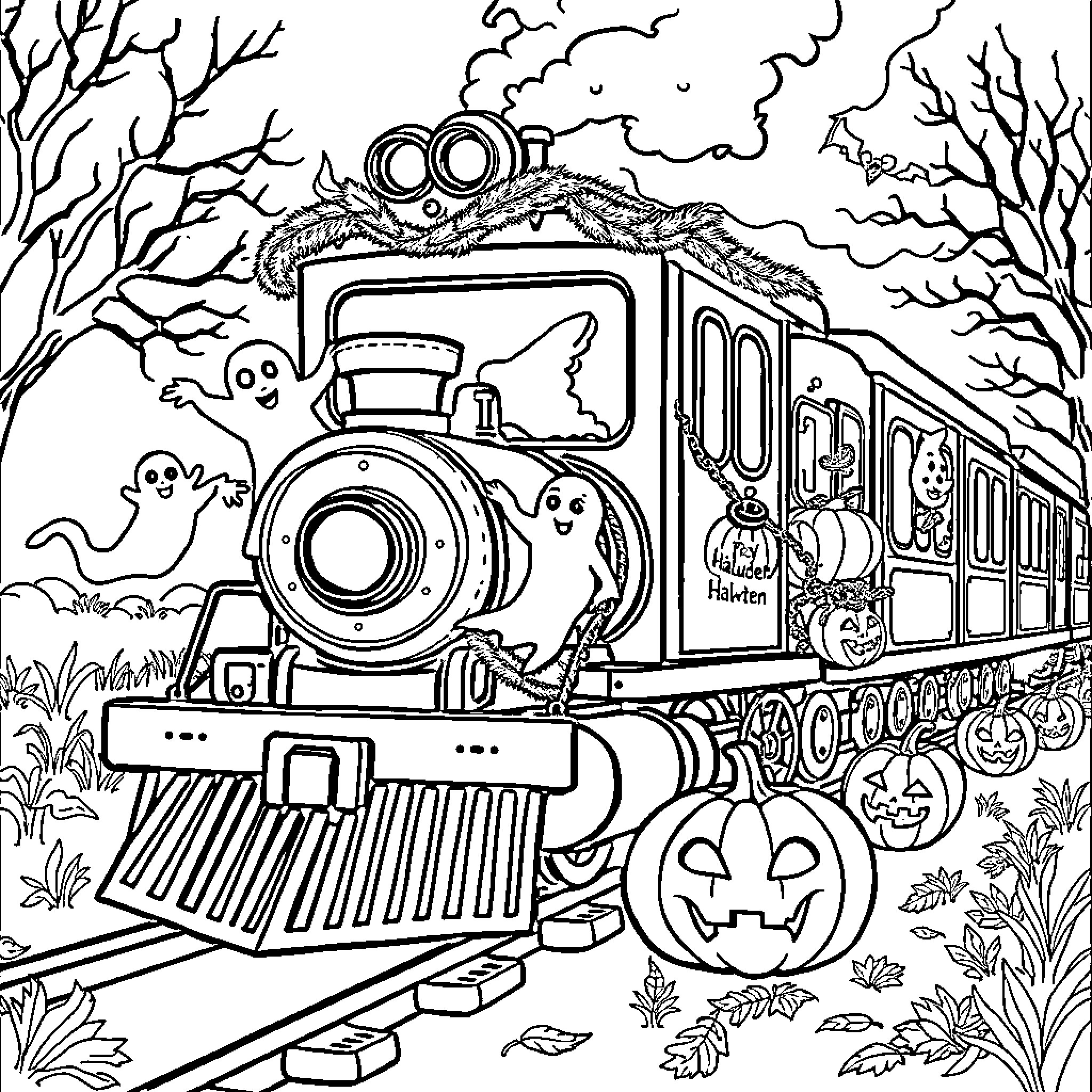 Train ride through haunted forest with Halloween characters Coloring Page (free black-and-white line drawing printable PDF for all, from beginners to advanced learners, including children, teens, adults, and seniors)