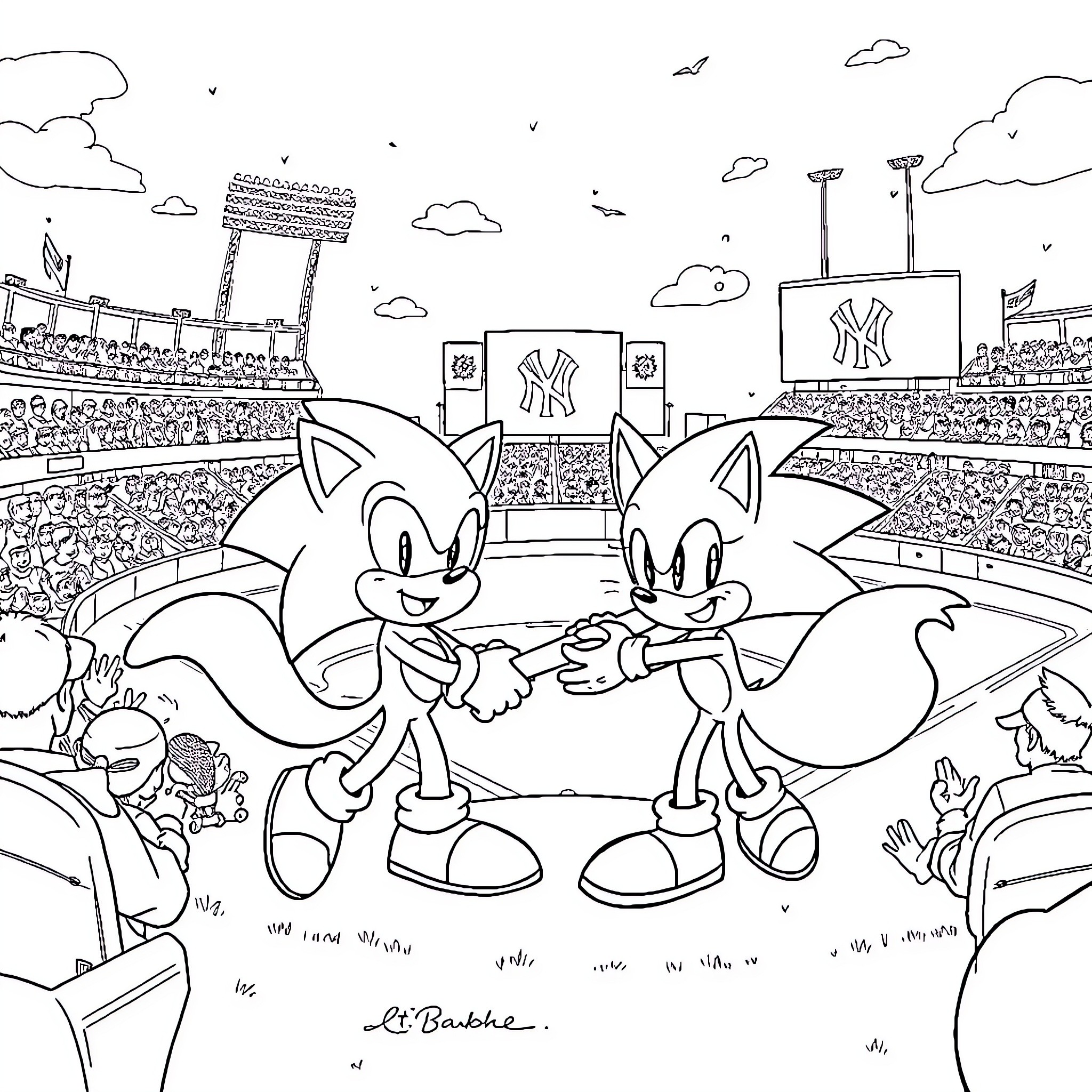 Sonic and Friends Enjoying a Lively Baseball Game Coloring Page (free black-and-white line drawing printable PDF for all, from beginners to advanced learners, including children, teens, adults, and seniors)