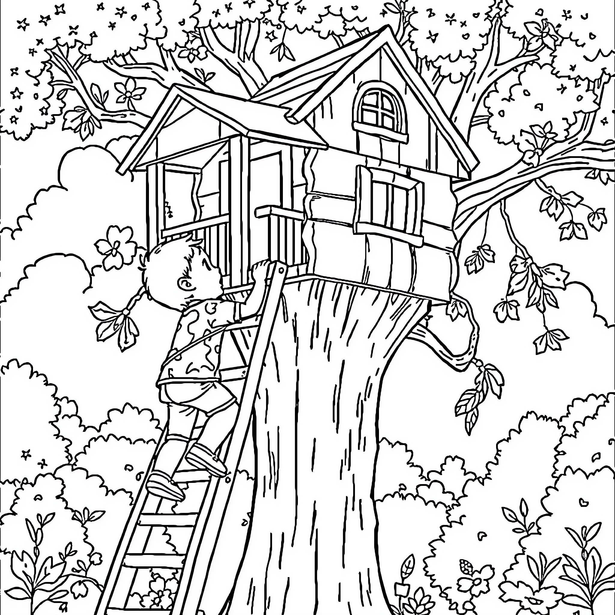 Boy exploring a whimsical treehouse in nature Coloring Page (free black-and-white line drawing printable PDF for all, from beginners to advanced learners, including children, teens, adults, and seniors)