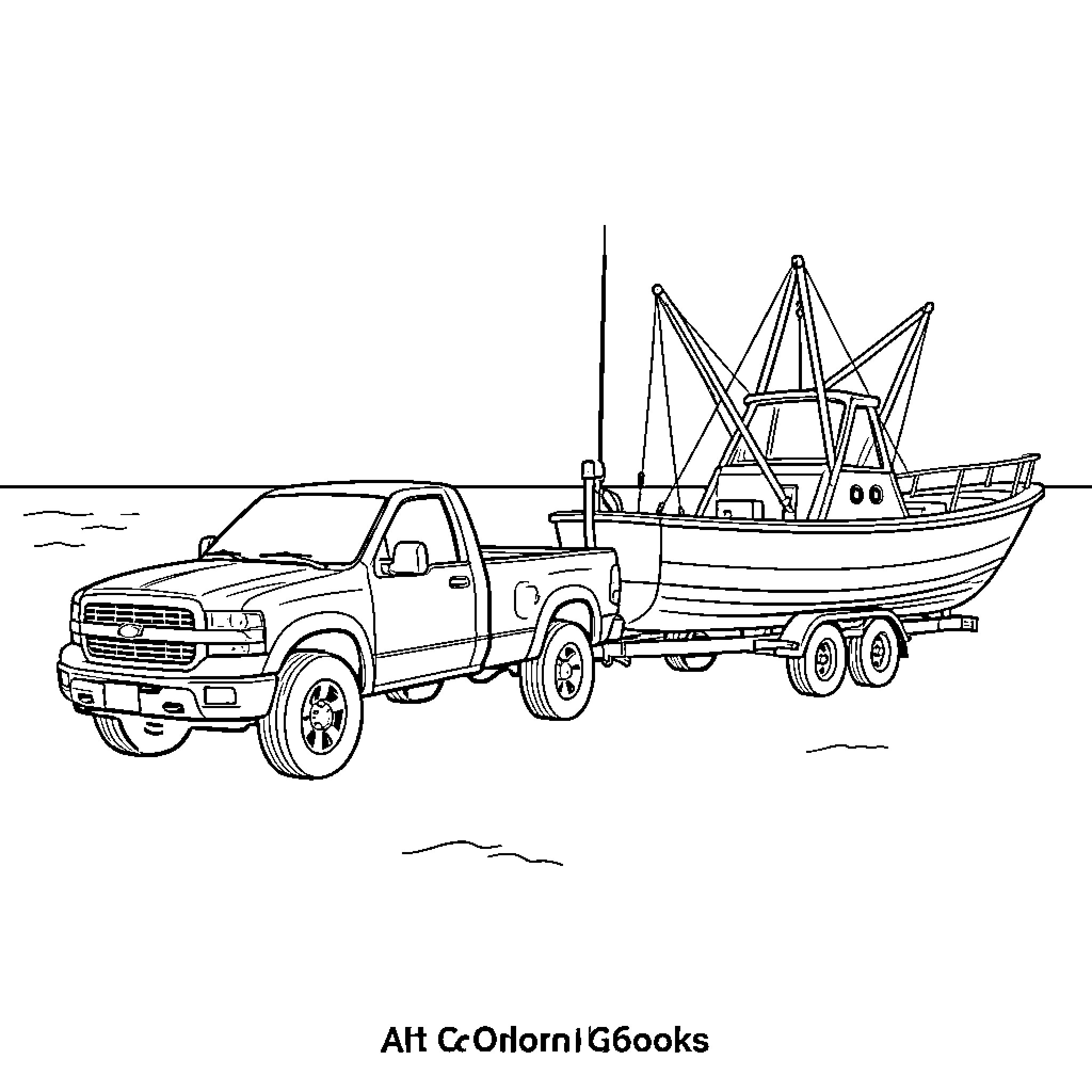 Pickup truck towing a boat on a trailer Coloring Page (free black-and-white line drawing printable PDF for all, from beginners to advanced learners, including children, teens, adults, and seniors)