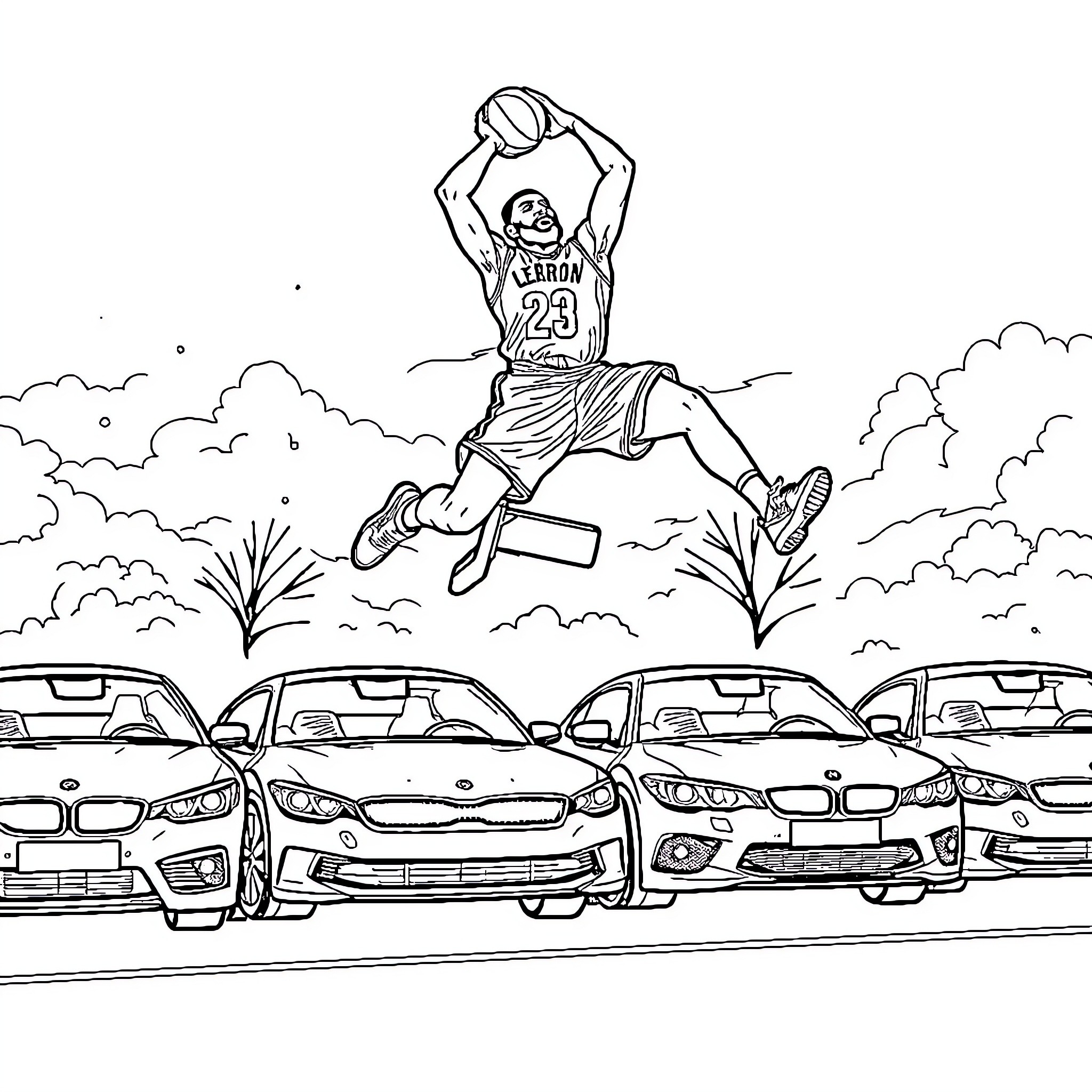 LeBron James soars above parked cars in action-packed scene Coloring Page (free black-and-white line drawing printable PDF for all, from beginners to advanced learners, including children, teens, adults, and seniors)