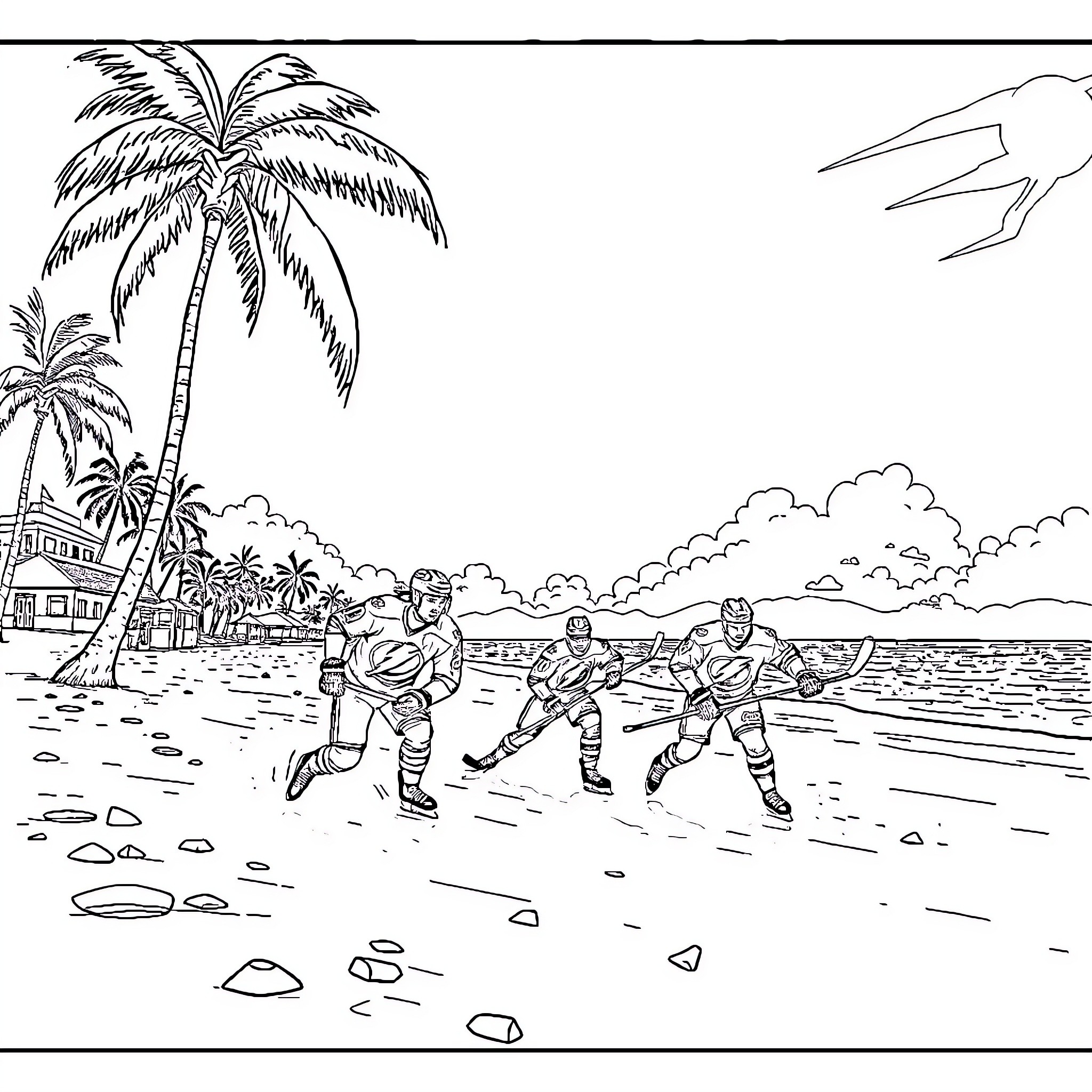 Tampa Bay Lightning players in action on tropical beach Coloring Page (free black-and-white line drawing printable PDF for all, from beginners to advanced learners, including children, teens, adults, and seniors)