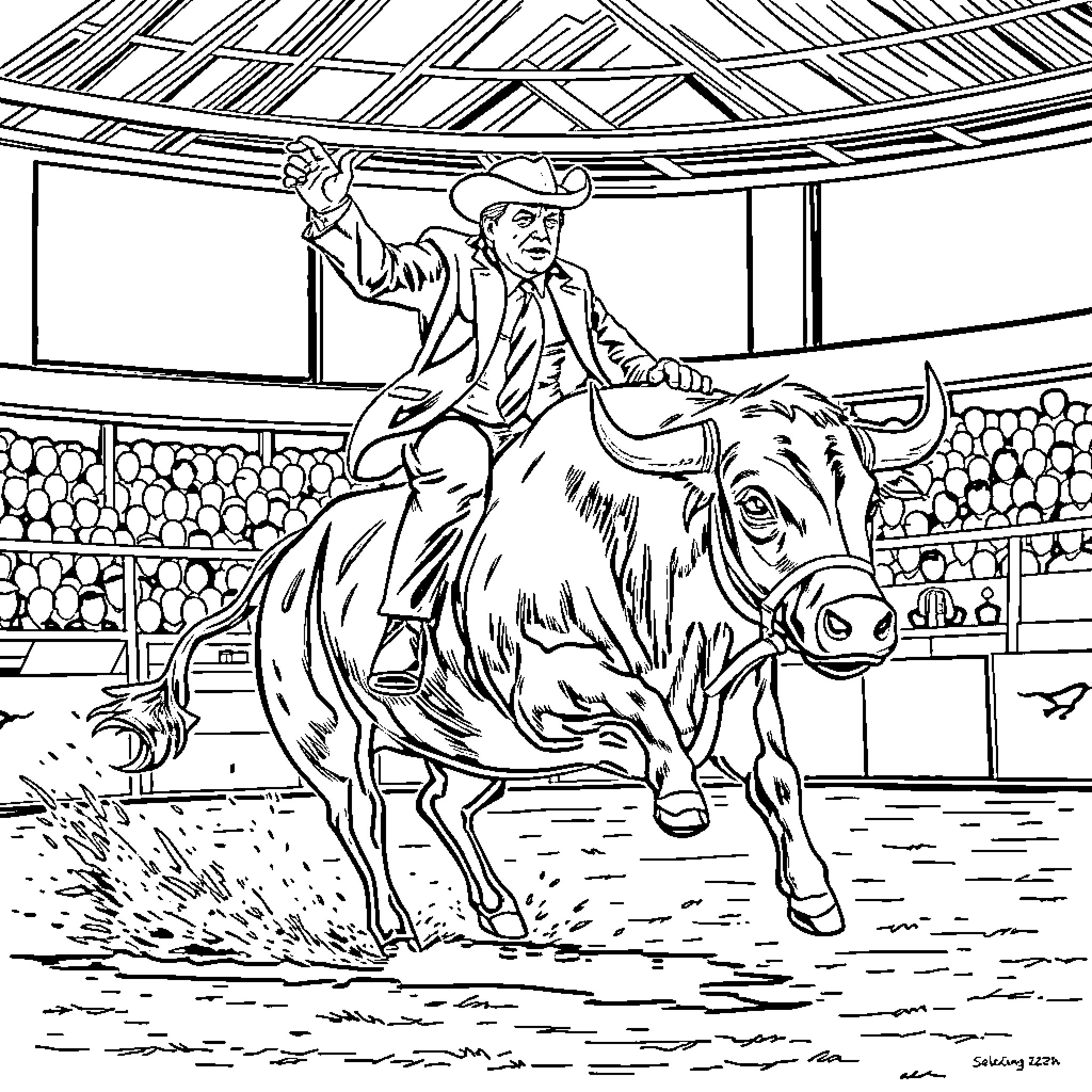 Trump riding a bull in a rodeo arena Coloring Page (free black-and-white line drawing printable PDF for all, from beginners to advanced learners, including children, teens, adults, and seniors)