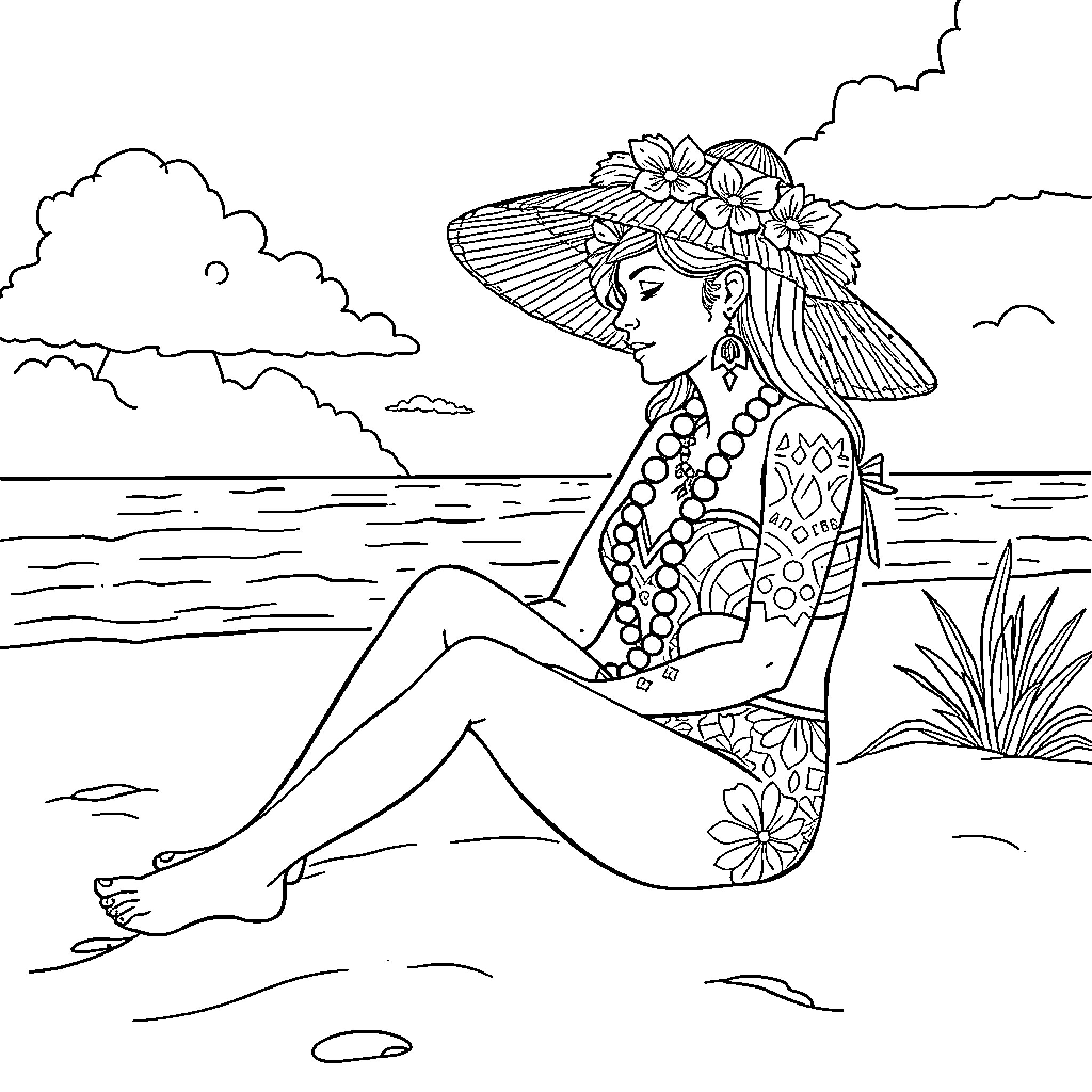 Tra la la woman in fancy hat relaxing by the sea Coloring Page (free black-and-white line drawing printable PDF for all, from beginners to advanced learners, including children, teens, adults, and seniors)