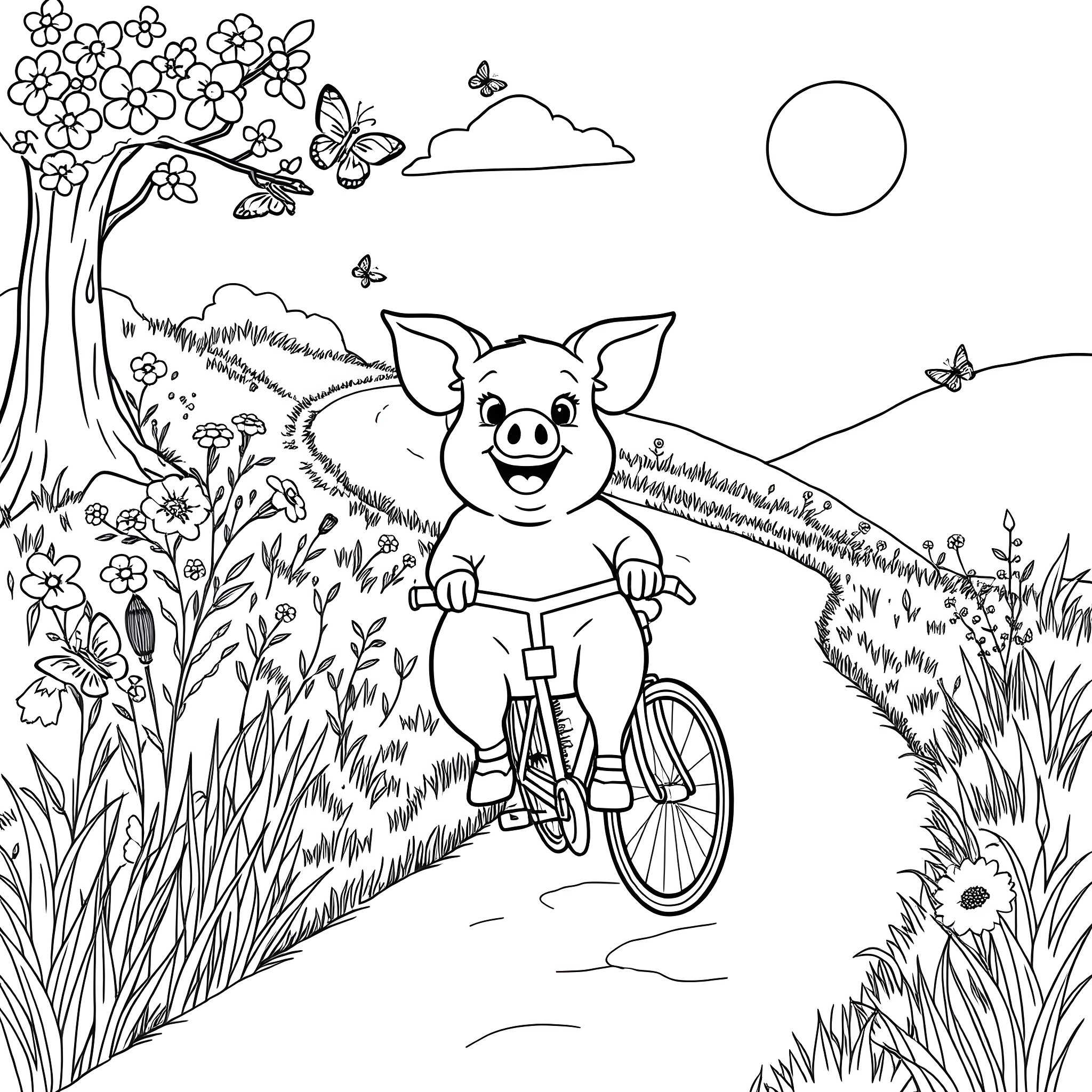 Pig Riding a Bicycle in a Floral Meadow Coloring Page (free black-and-white line drawing printable PDF for all, from beginners to advanced learners, including children, teens, adults, and seniors)