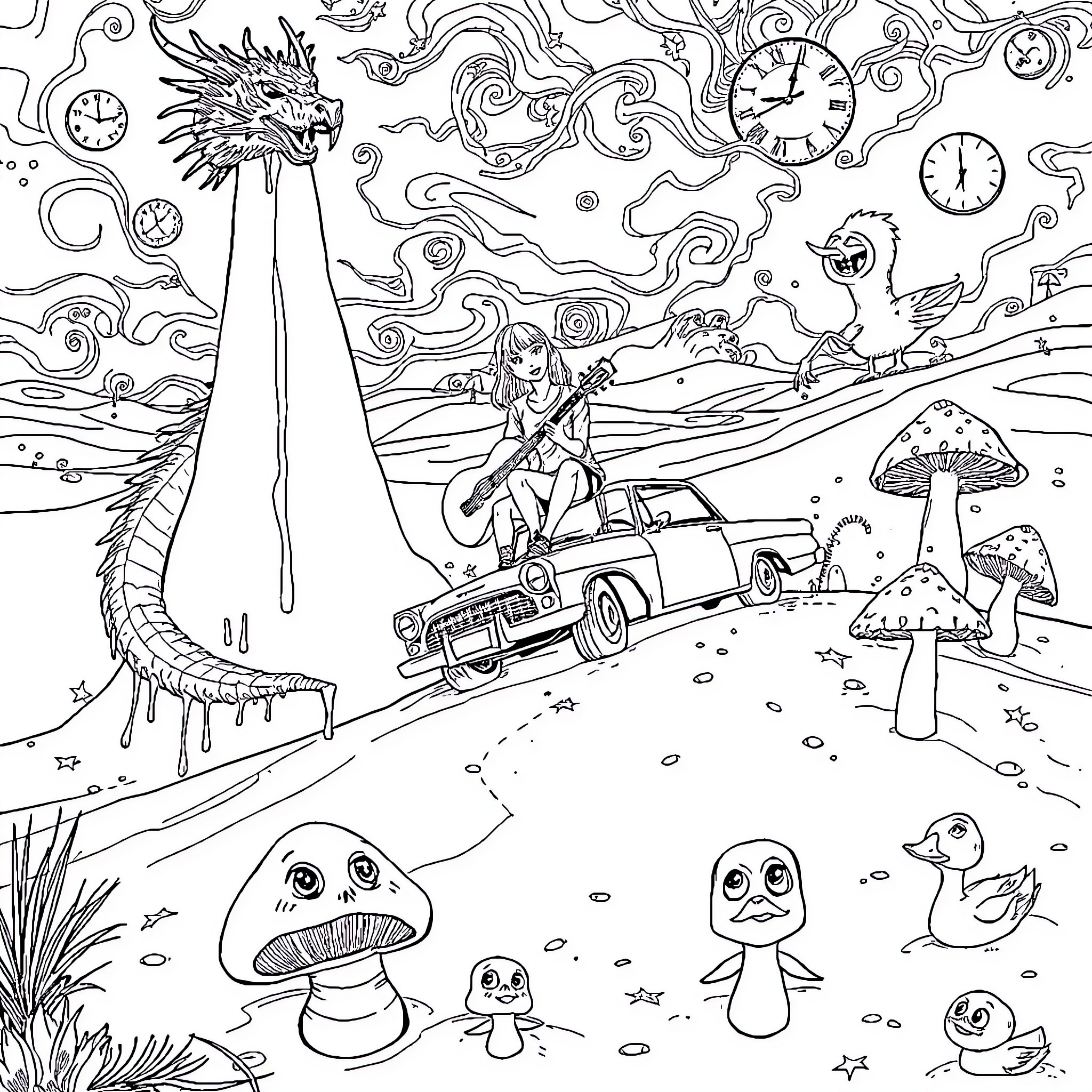 Taylor Swift's Magical Wonderland Adventure Coloring Page (free black-and-white line drawing printable PDF for all, from beginners to advanced learners, including children, teens, adults, and seniors)