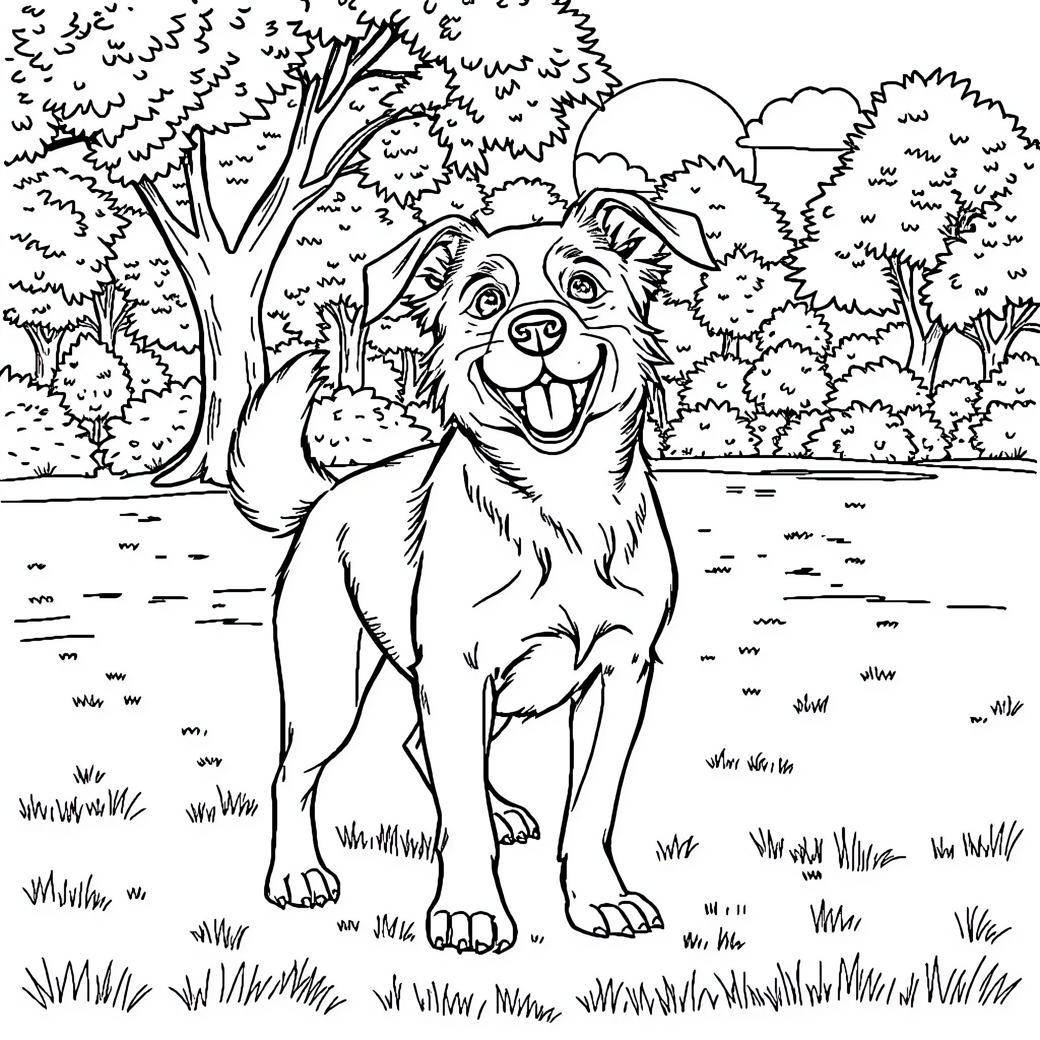 Dog Happily Exploring Outdoor Scenery Coloring Page (free black-and-white line drawing printable PDF for all, from beginners to advanced learners, including children, teens, adults, and seniors)