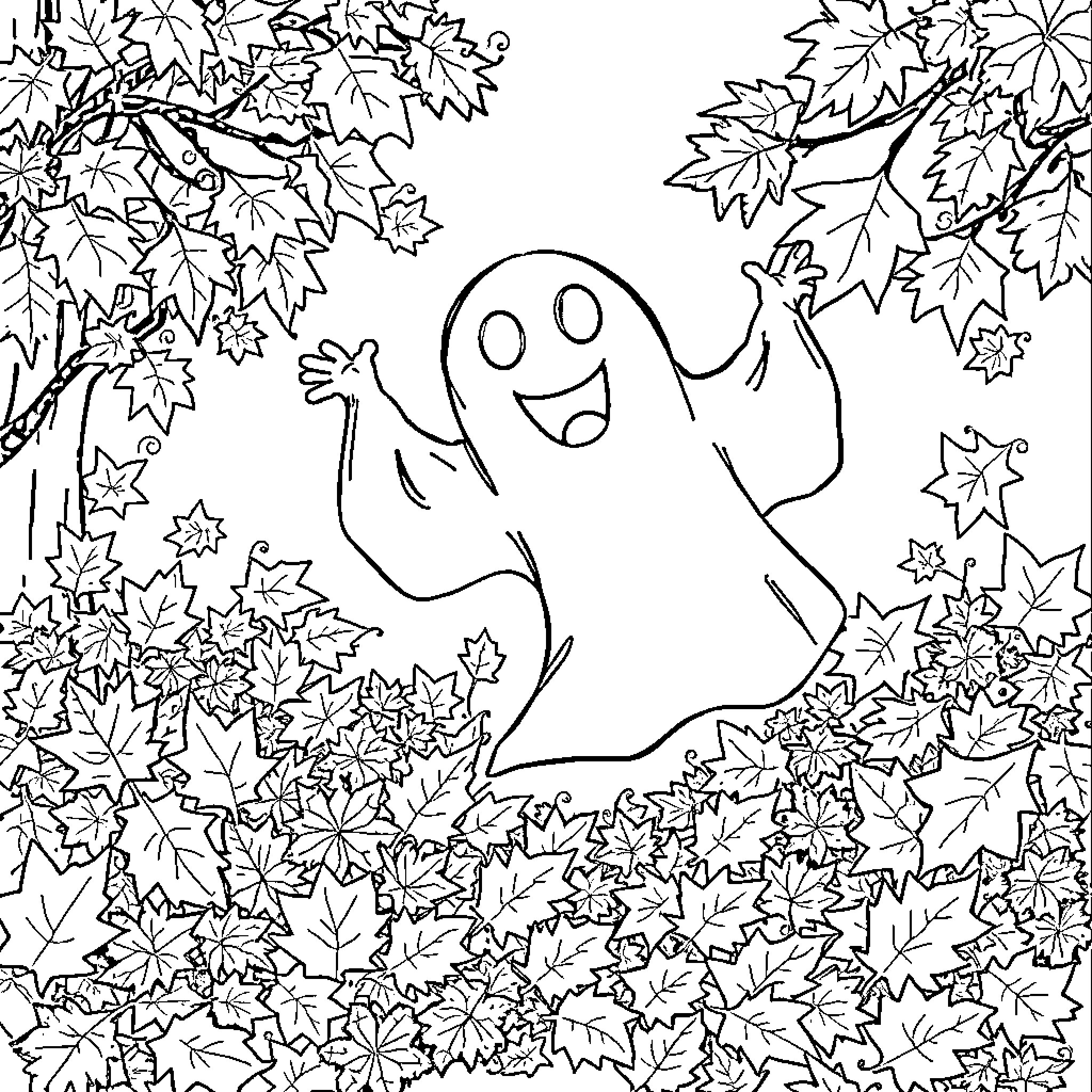Ghost playfully surrounded by autumn leaves Coloring Page (free black-and-white line drawing printable PDF for all, from beginners to advanced learners, including children, teens, adults, and seniors)