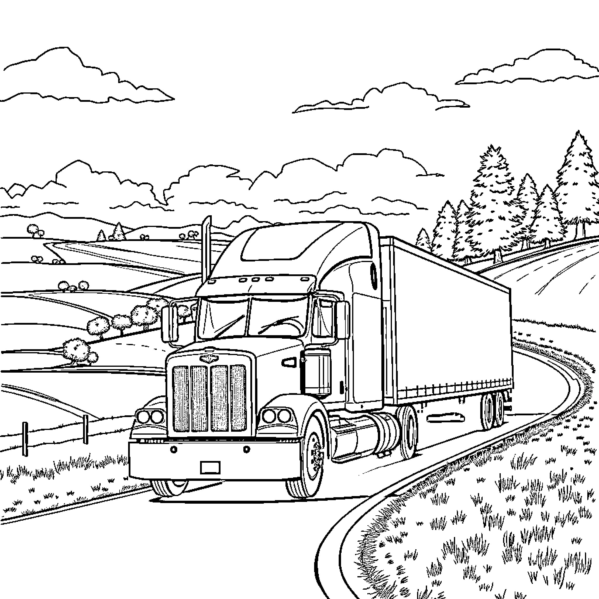 Truck transporting cargo through scenic countryside Coloring Page (free black-and-white line drawing printable PDF for all, from beginners to advanced learners, including children, teens, adults, and seniors)