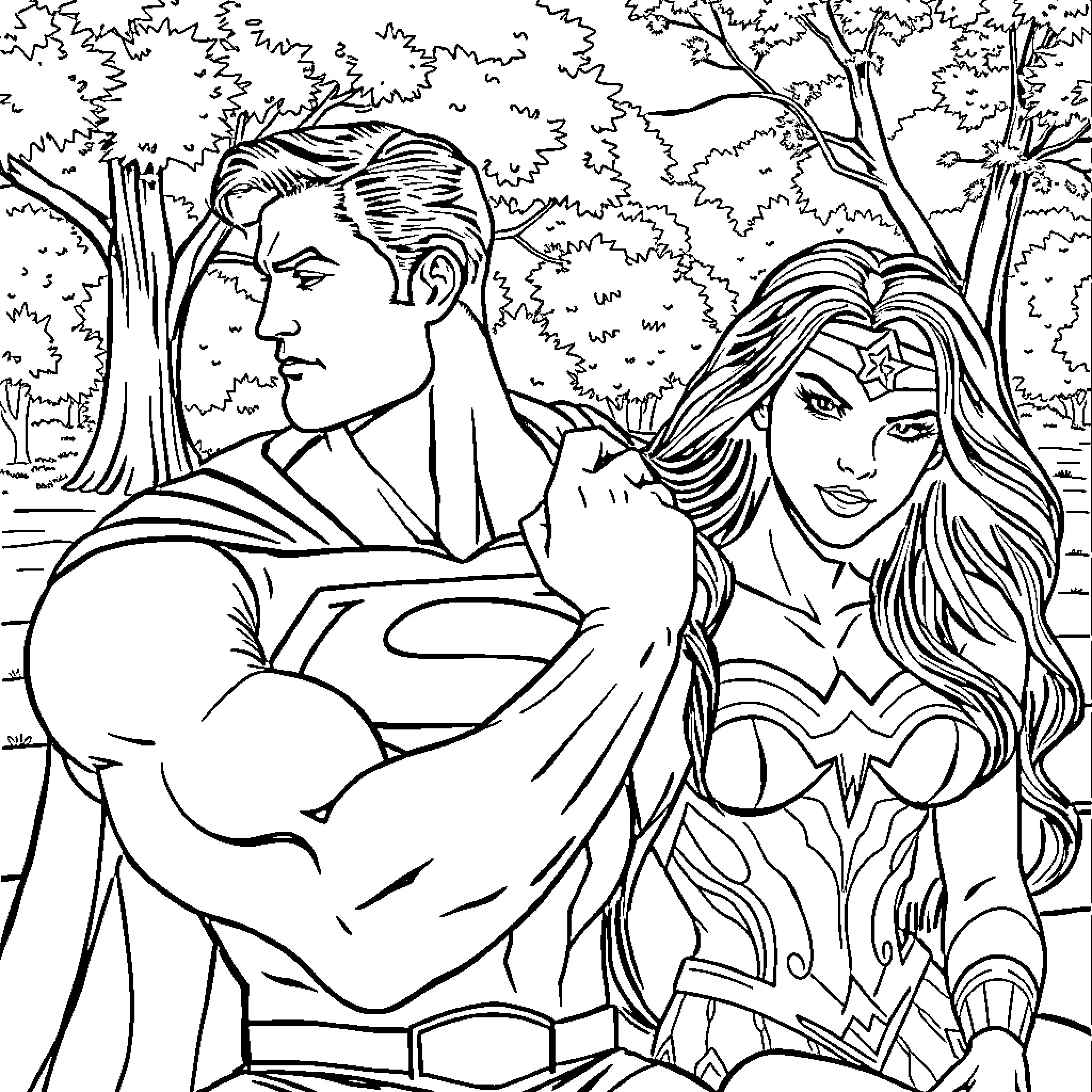 Superman and Wonder Woman in the Wilderness Coloring Page (free black-and-white line drawing printable PDF for all, from beginners to advanced learners, including children, teens, adults, and seniors)
