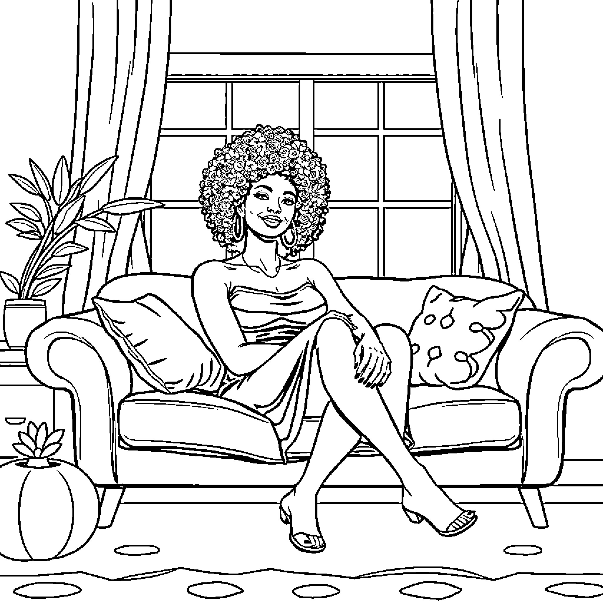 Woman relaxing comfortably on sofa in living room Coloring Page (free black-and-white line drawing printable PDF for all, from beginners to advanced learners, including children, teens, adults, and seniors)