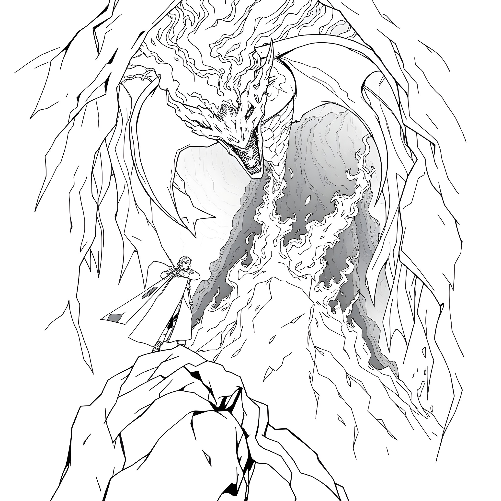 Frodo confronting the mighty dragon in the fiery cavern Coloring Page (free black-and-white line drawing printable PDF for all, from beginners to advanced learners, including children, teens, adults, and seniors)