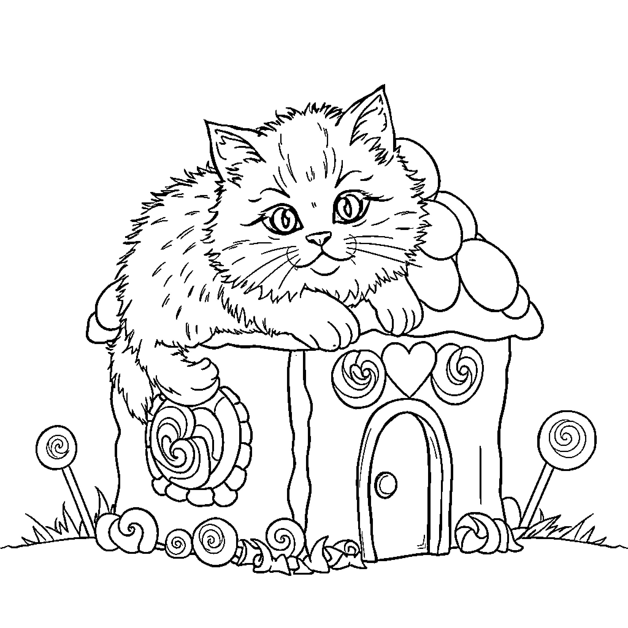 Cat in a whimsical storybook house Coloring Page (free black-and-white line drawing printable PDF for all, from beginners to advanced learners, including children, teens, adults, and seniors)