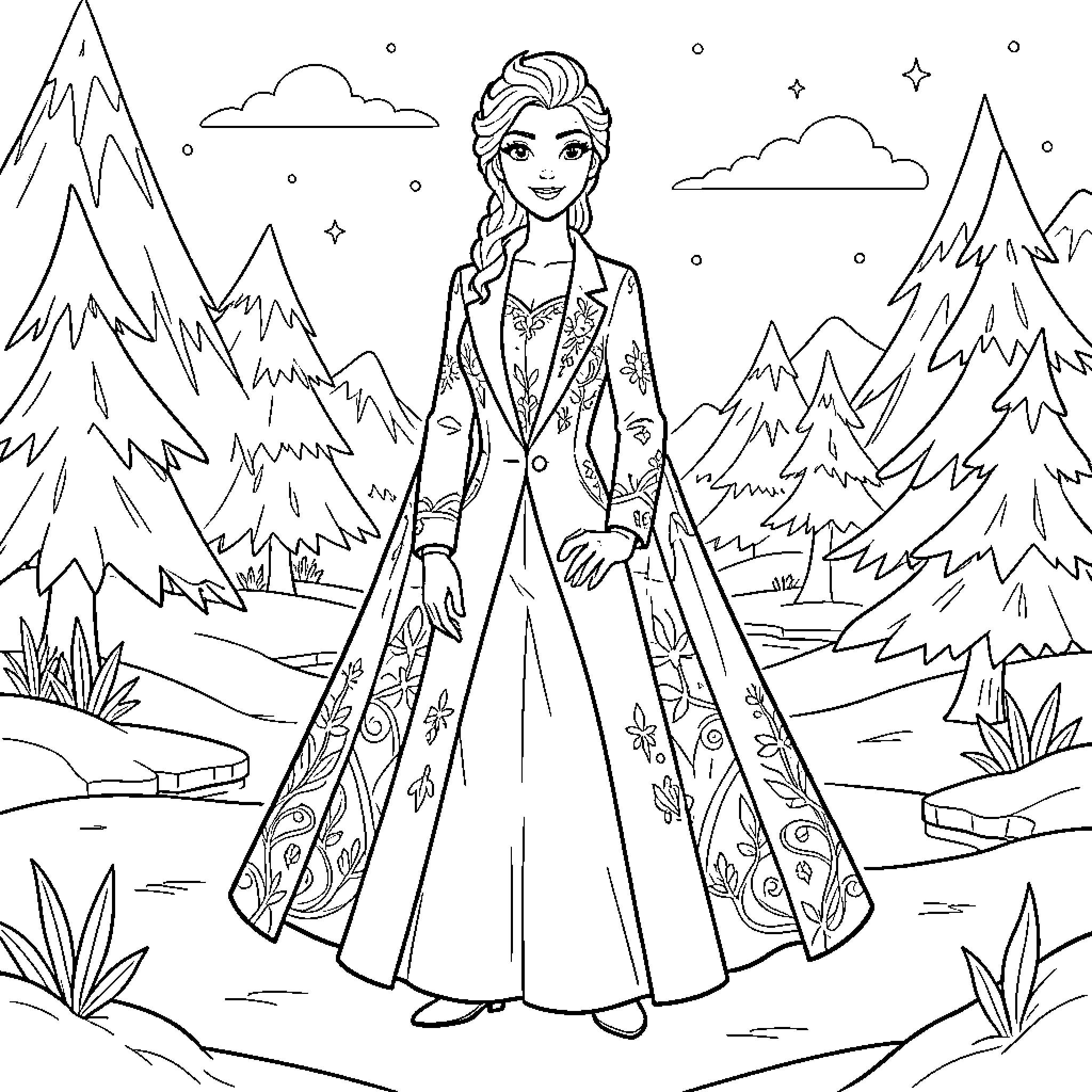 Queen standing gracefully in a snowy forest landscape Coloring Page (free black-and-white line drawing printable PDF for all, from beginners to advanced learners, including children, teens, adults, and seniors)