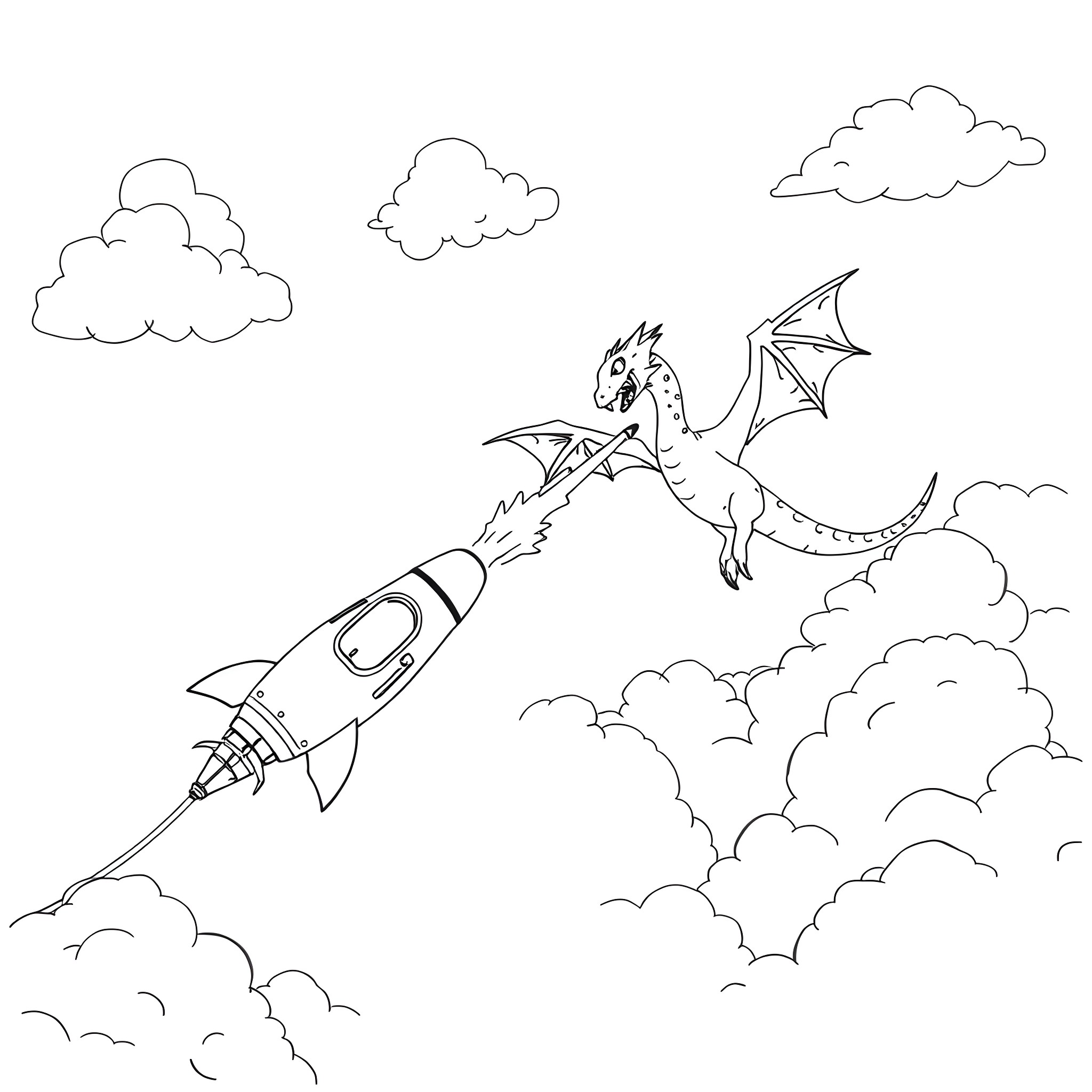 Spaceship and Dragon Soar Through the Clouds Coloring Page (free black-and-white line drawing printable PDF for all, from beginners to advanced learners, including children, teens, adults, and seniors)