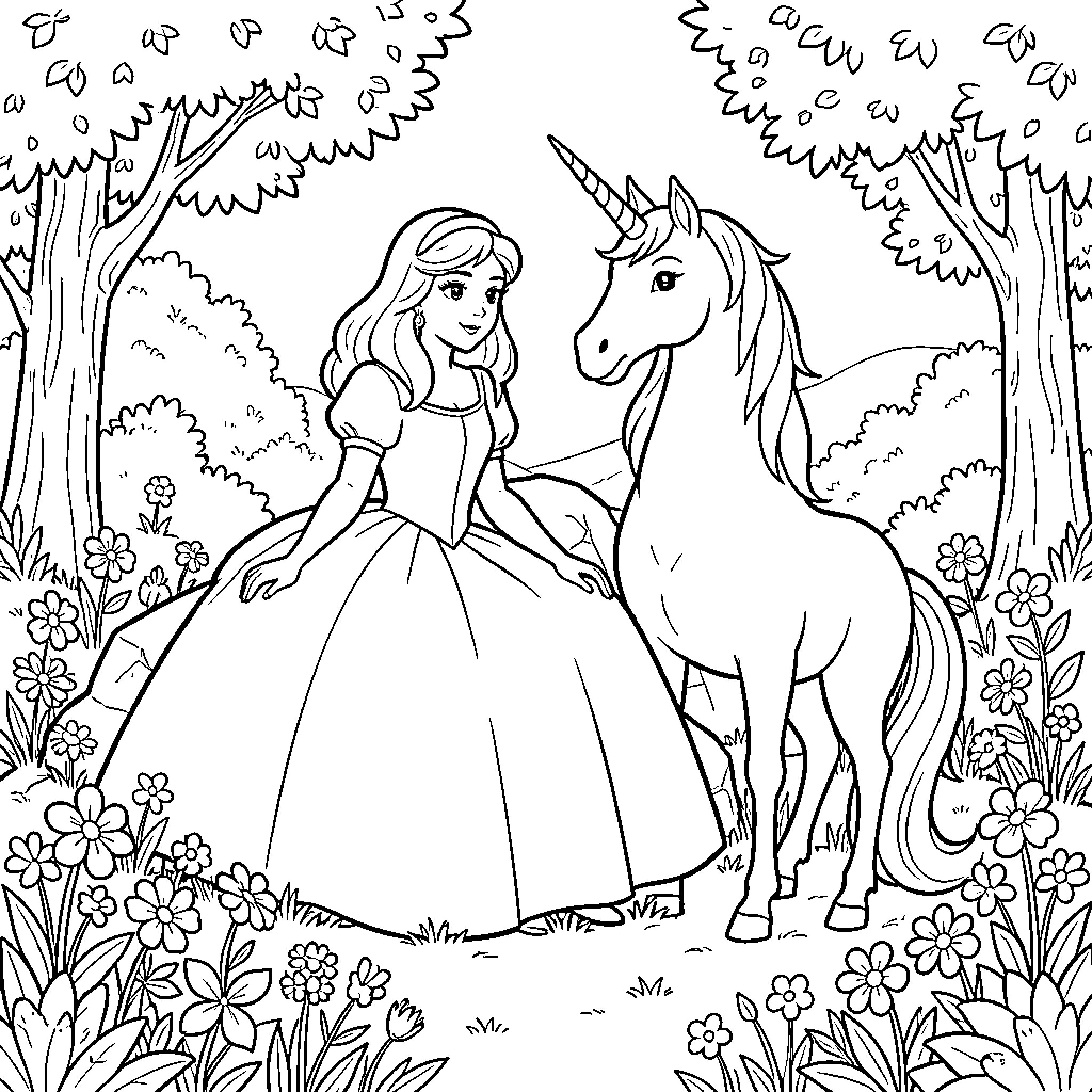 Blanche Neige's Enchanted Encounter with a Unicorn Coloring Page (free black-and-white line drawing printable PDF for all, from beginners to advanced learners, including children, teens, adults, and seniors)