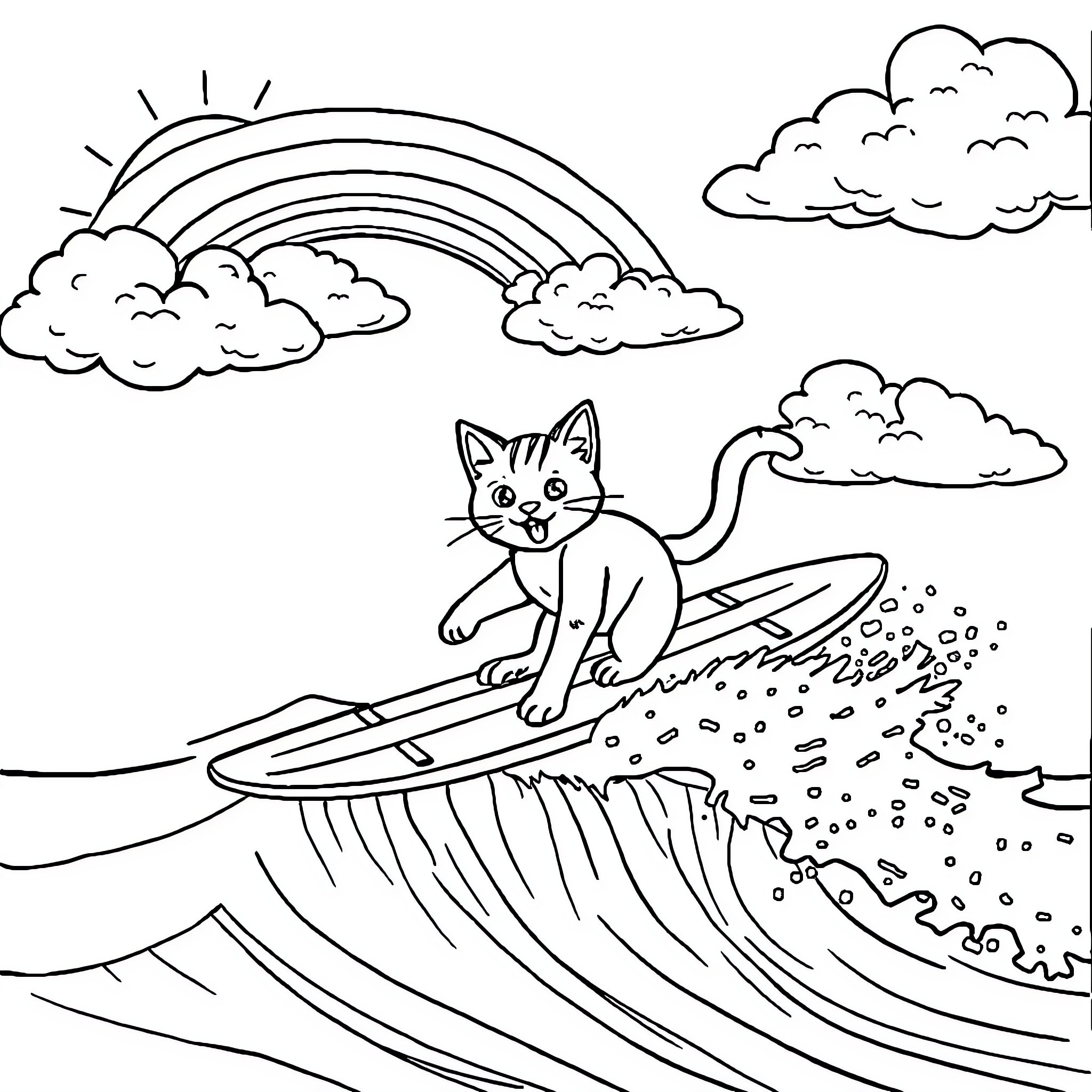 Cat surfs in a colorful ocean scene Coloring Page (free black-and-white line drawing printable PDF for all, from beginners to advanced learners, including children, teens, adults, and seniors)