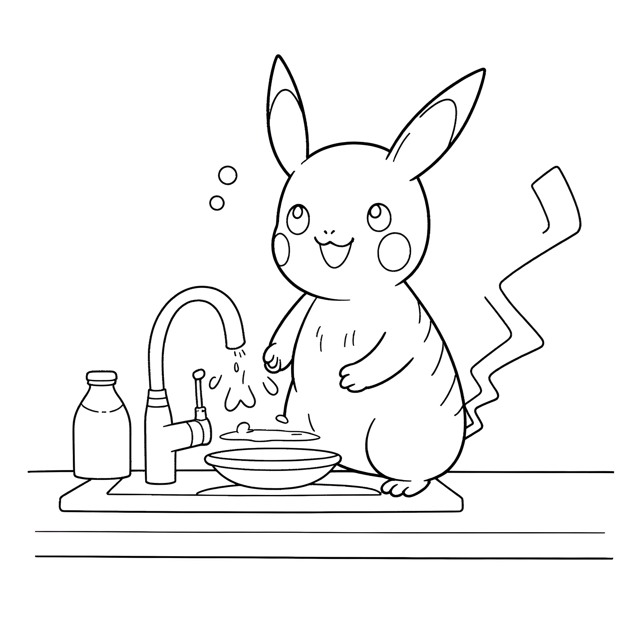 Pikachu happily cooking in the kitchen Coloring Page (free black-and-white line drawing printable PDF for all, from beginners to advanced learners, including children, teens, adults, and seniors)