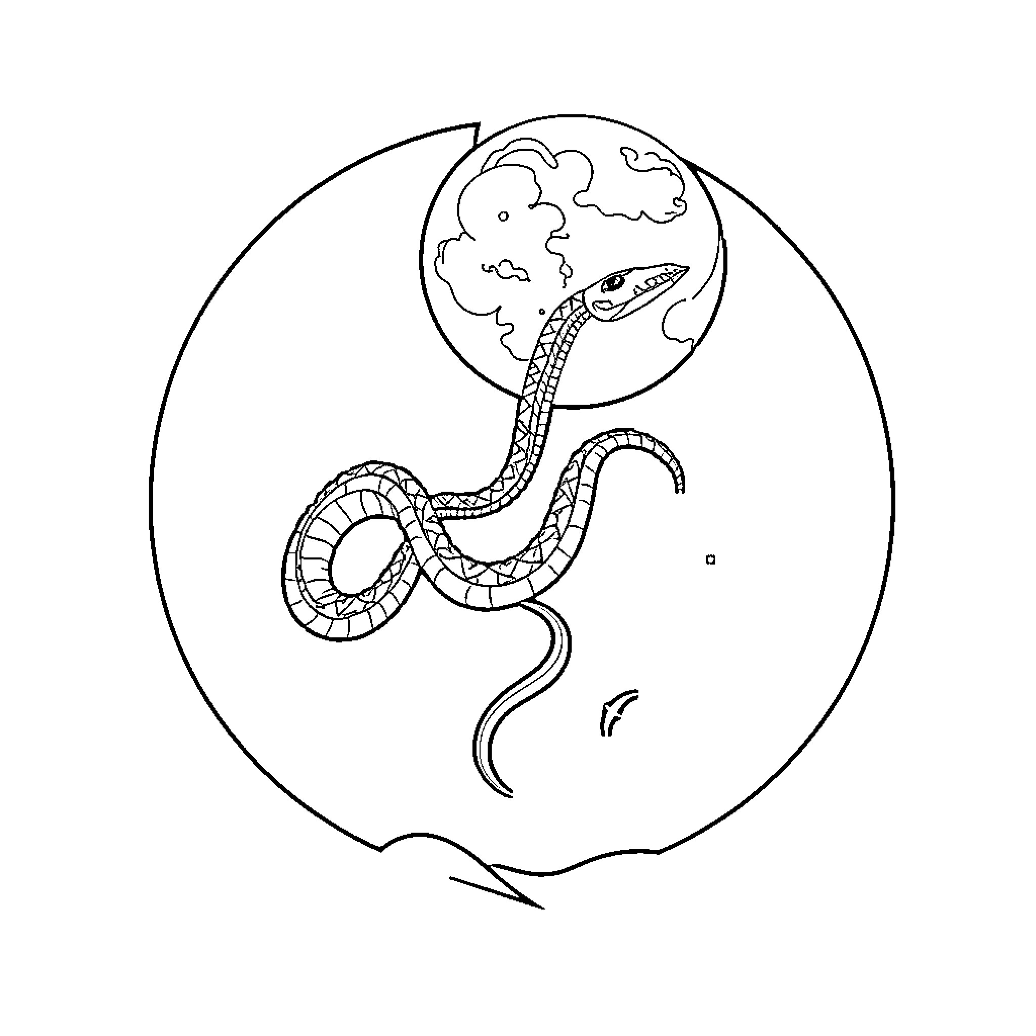 Snake coiled around the globe in a stylized sketch Coloring Page (free black-and-white line drawing printable PDF for all, from beginners to advanced learners, including children, teens, adults, and seniors)