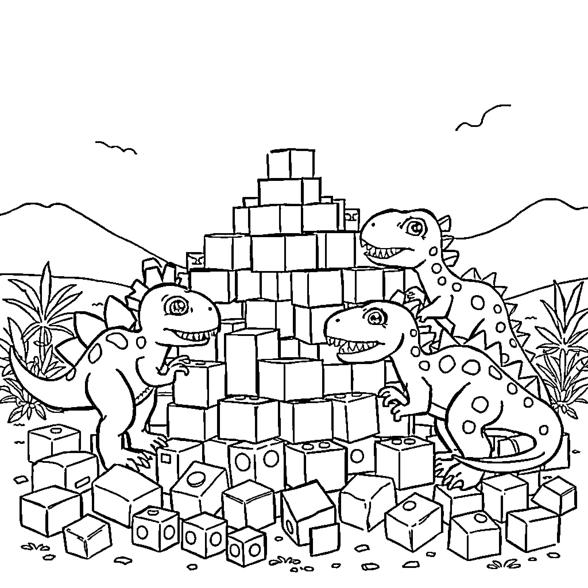 Dinosaurs playing with blocks in the jungle Coloring Page (free black-and-white line drawing printable PDF for all, from beginners to advanced learners, including children, teens, adults, and seniors)
