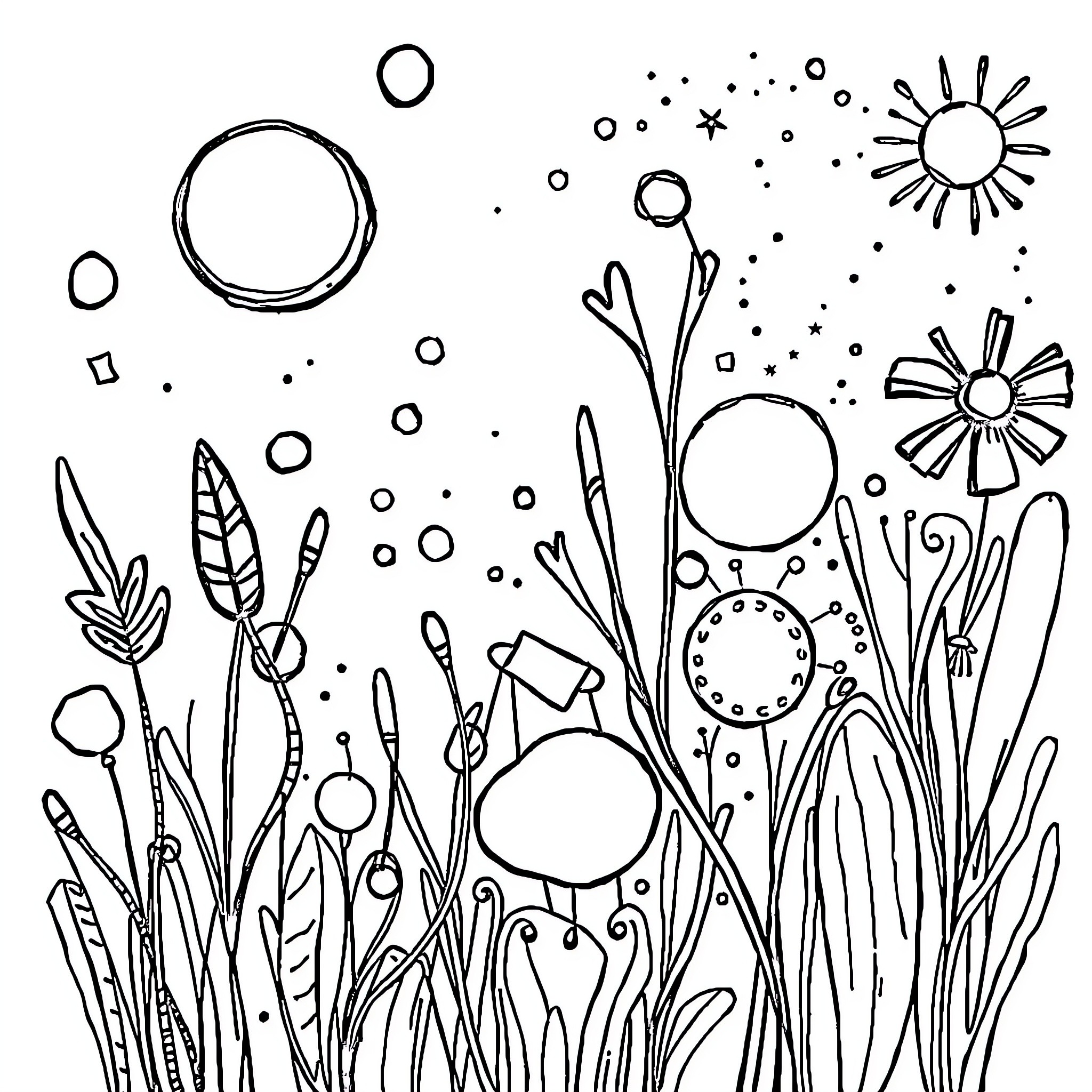 Drawing of whimsical nature with abstract shapes and flora Coloring Page (free black-and-white line drawing printable PDF for all, from beginners to advanced learners, including children, teens, adults, and seniors)