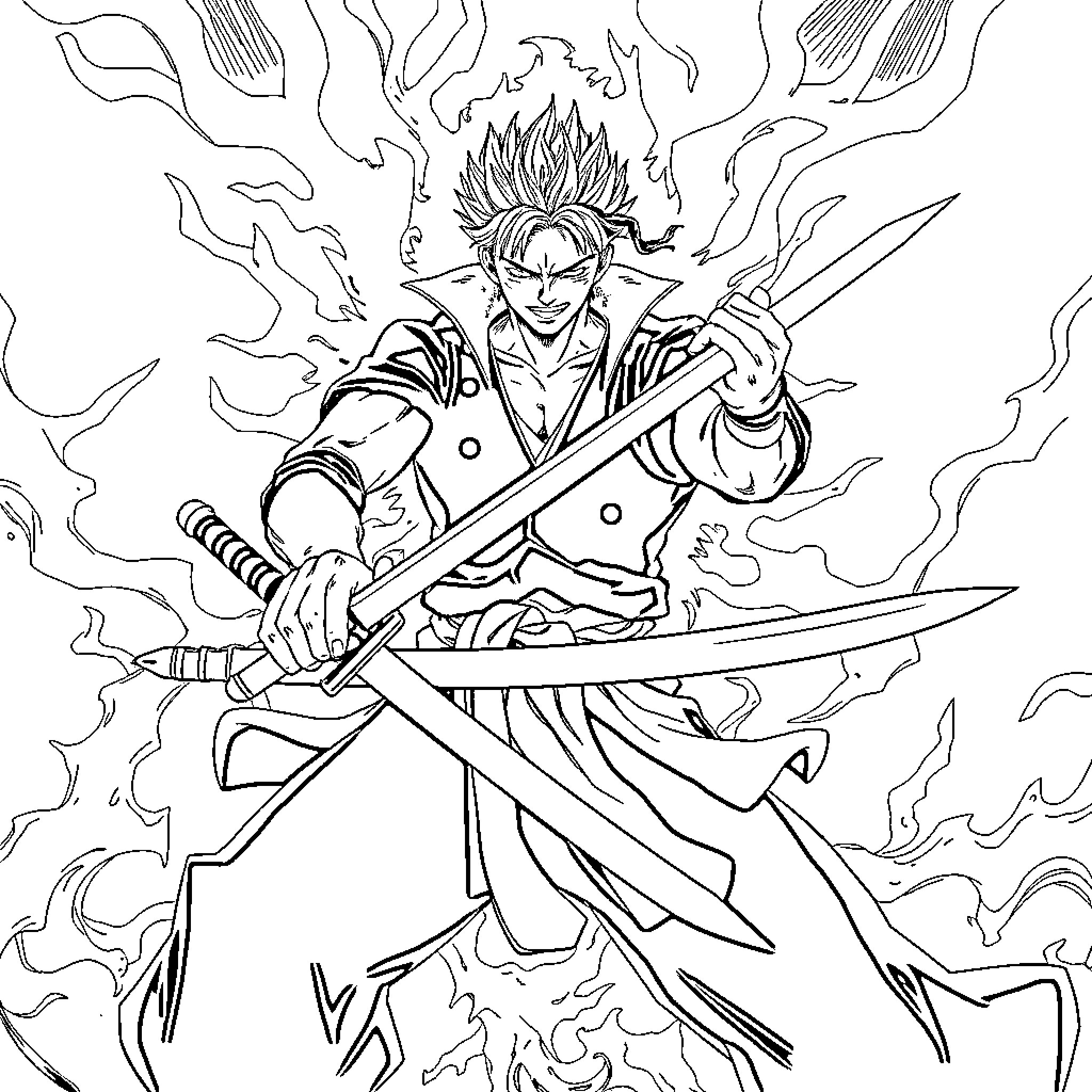 Roronoa Zoro's Fierce Battle Stance Coloring Page (free black-and-white line drawing printable PDF for all, from beginners to advanced learners, including children, teens, adults, and seniors)
