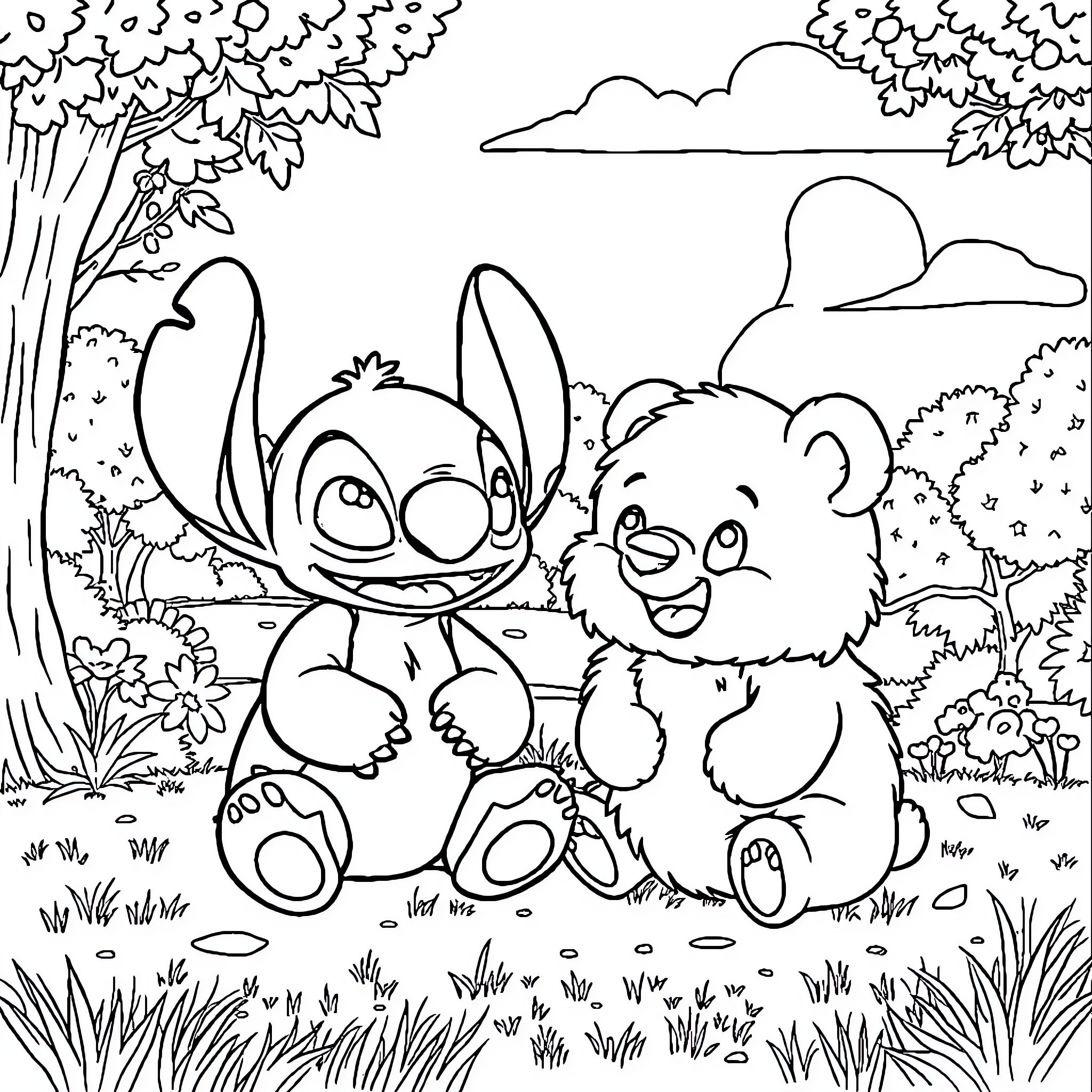 Stitch and Plush Companion Exploring Outdoors Coloring Page (free black-and-white line drawing printable PDF for all, from beginners to advanced learners, including children, teens, adults, and seniors)