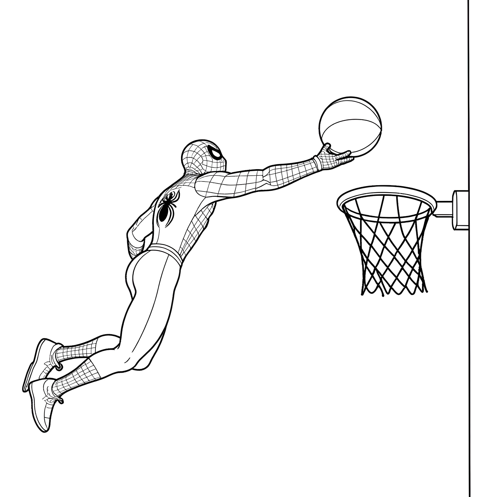 Spider-Man dunking a basketball Coloring Page (free black-and-white line drawing printable PDF for all, from beginners to advanced learners, including children, teens, adults, and seniors)