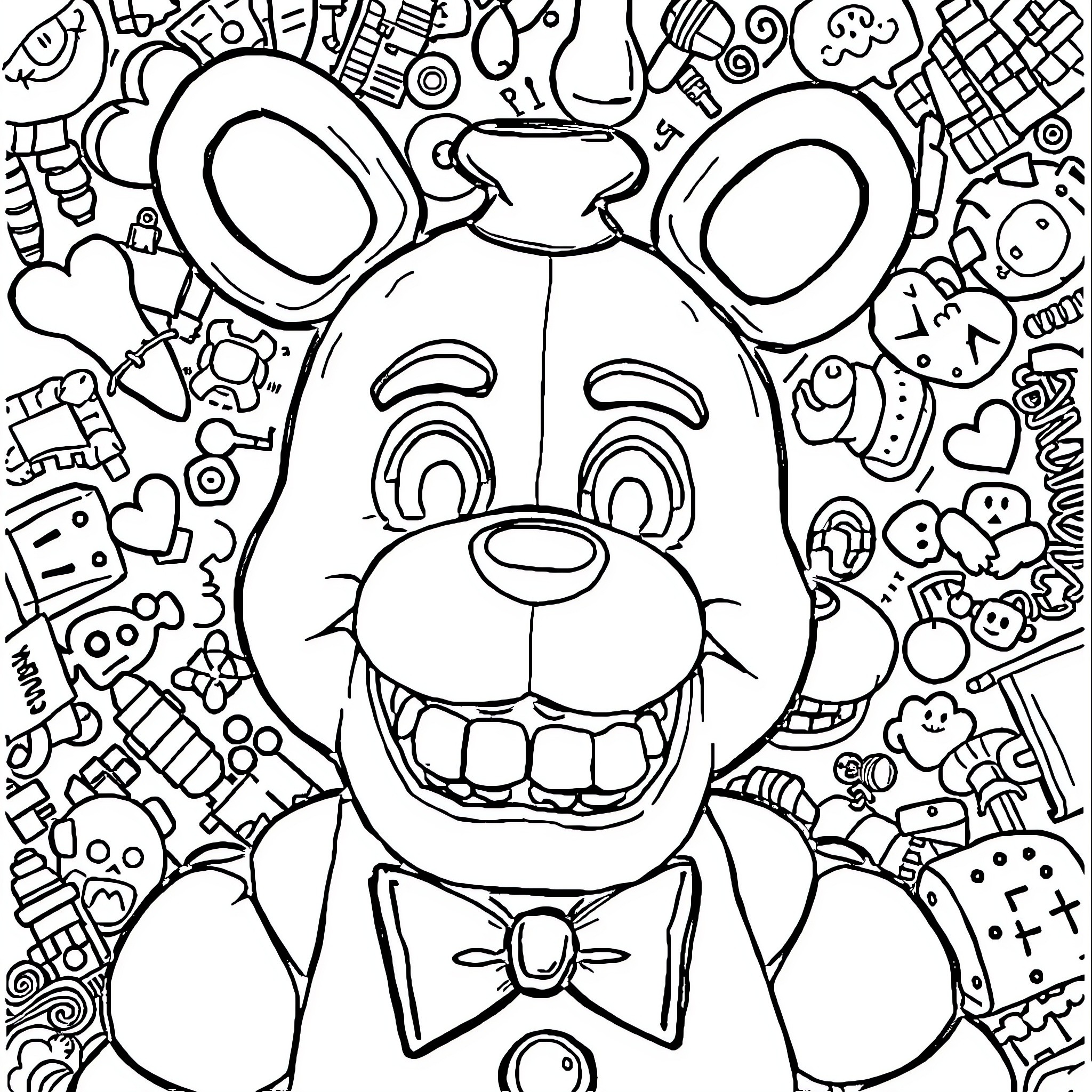 Freddy's Chaotic and Whimsical Adventure Coloring Page (free black-and-white line drawing printable PDF for all, from beginners to advanced learners, including children, teens, adults, and seniors)