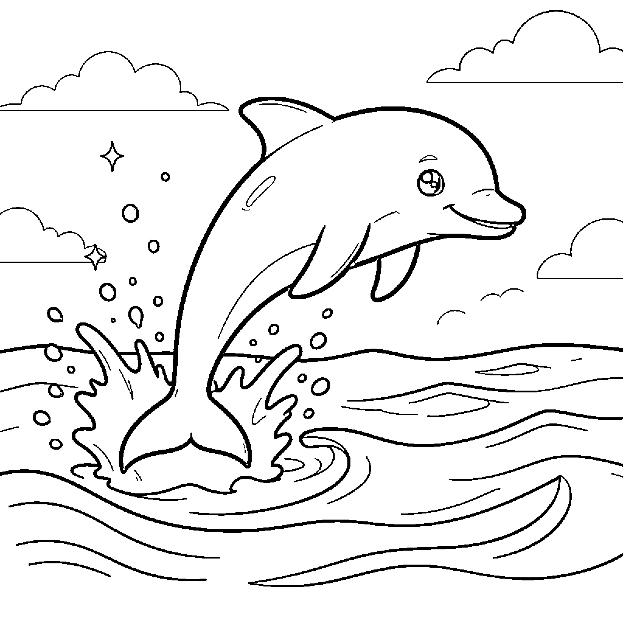 Dolphin jumping playfully in the ocean Coloring Page (free black-and-white line drawing printable PDF for all, from beginners to advanced learners, including children, teens, adults, and seniors)