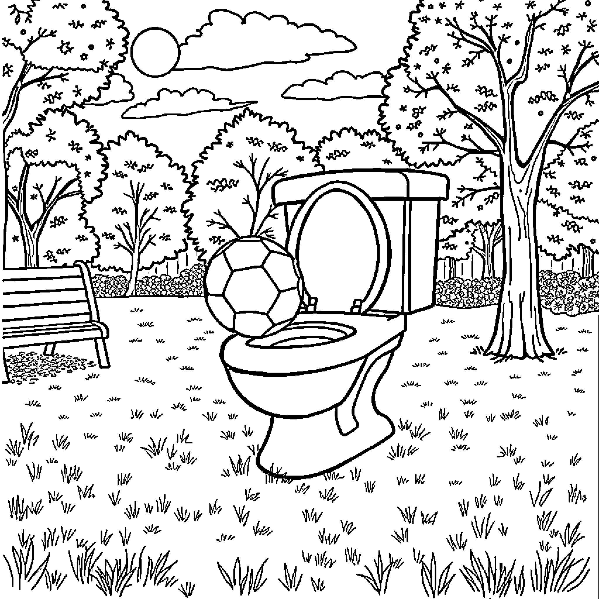 Skibidi Toilet in Whimsical Forest Landscape Coloring Page (free black-and-white line drawing printable PDF for all, from beginners to advanced learners, including children, teens, adults, and seniors)