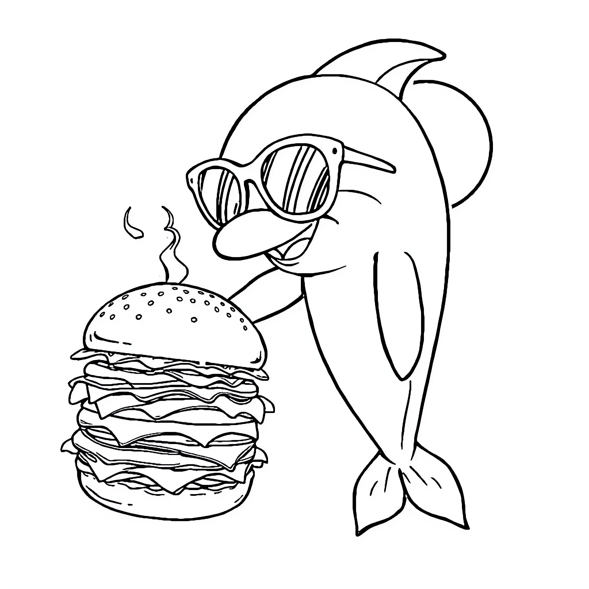 Dolphin enjoying a tasty burger Coloring Page (free black-and-white line drawing printable PDF for all, from beginners to advanced learners, including children, teens, adults, and seniors)