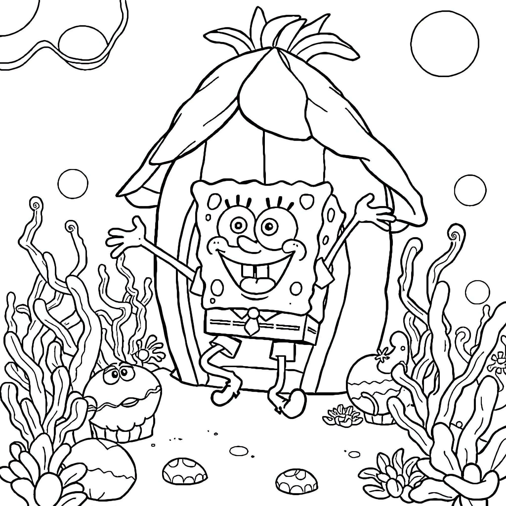 Spongebob enjoying the underwater world Coloring Page (free black-and-white line drawing printable PDF for all, from beginners to advanced learners, including children, teens, adults, and seniors)