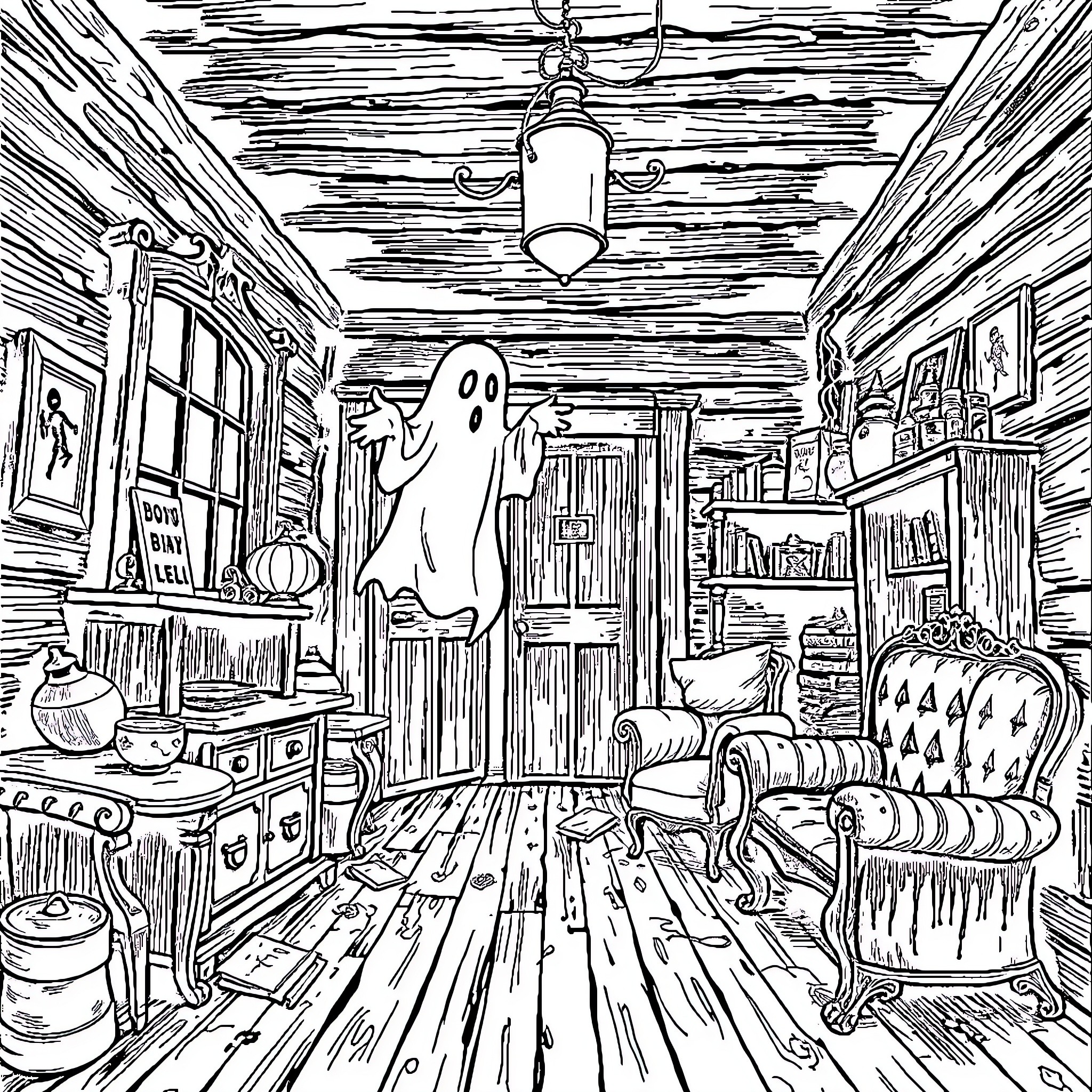 Ghost haunting a cluttered, old-fashioned room Coloring Page (free black-and-white line drawing printable PDF for all, from beginners to advanced learners, including children, teens, adults, and seniors)
