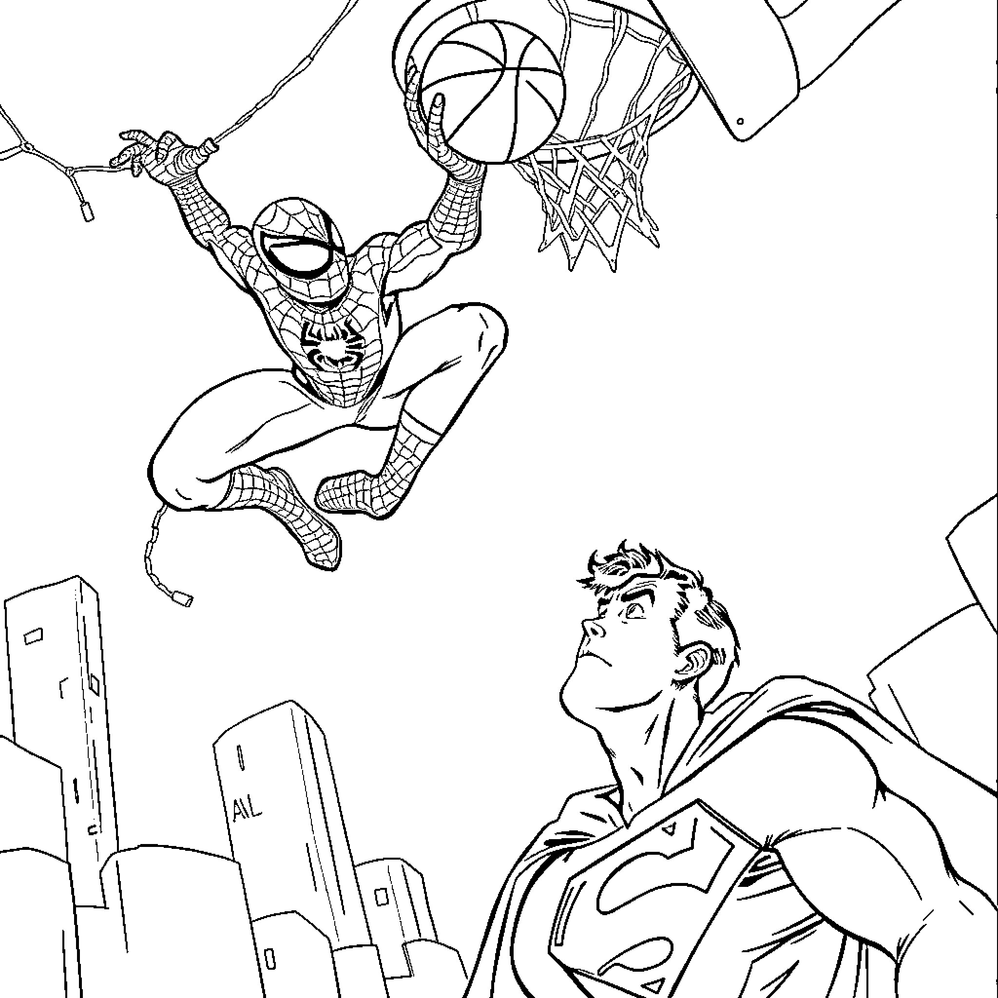 Spiderman dunking basketball in front of Superman Coloring Page (free black-and-white line drawing printable PDF for all, from beginners to advanced learners, including children, teens, adults, and seniors)