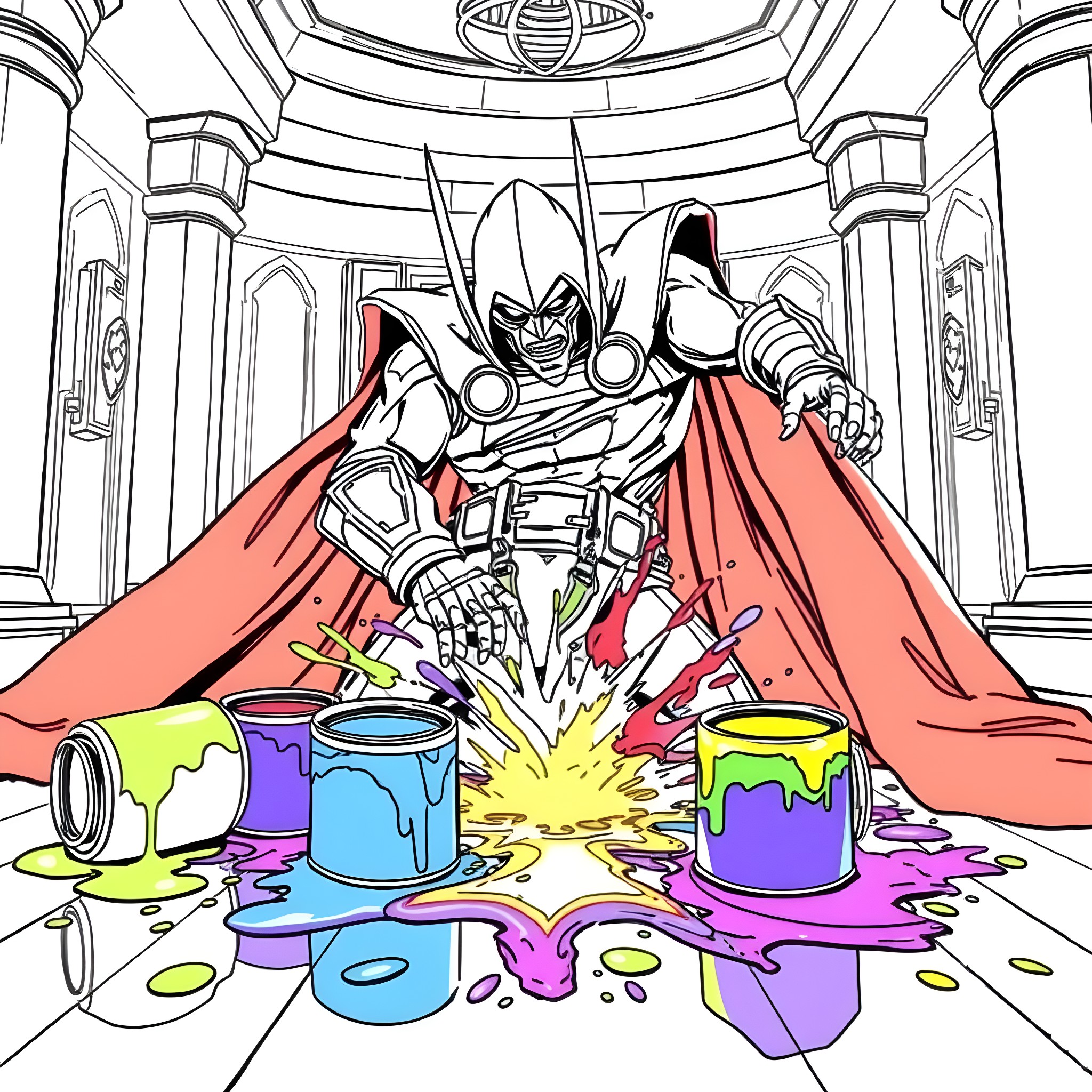 Doctor Doom Unleashing Colorful Chaos in an Opulent Chamber Coloring Page (free black-and-white line drawing printable PDF for all, from beginners to advanced learners, including children, teens, adults, and seniors)