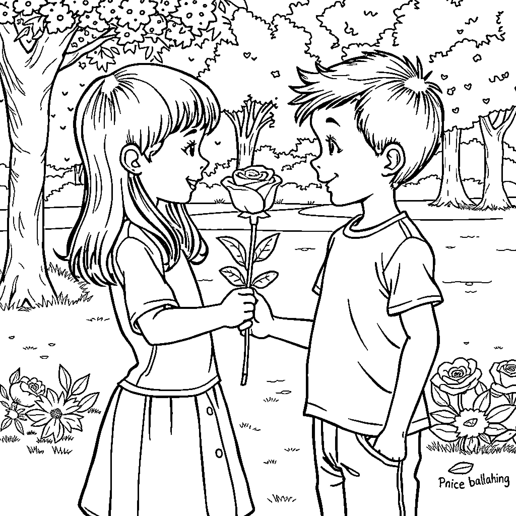 Boy presents flower to girl in garden Coloring Page (free black-and-white line drawing printable PDF for all, from beginners to advanced learners, including children, teens, adults, and seniors)