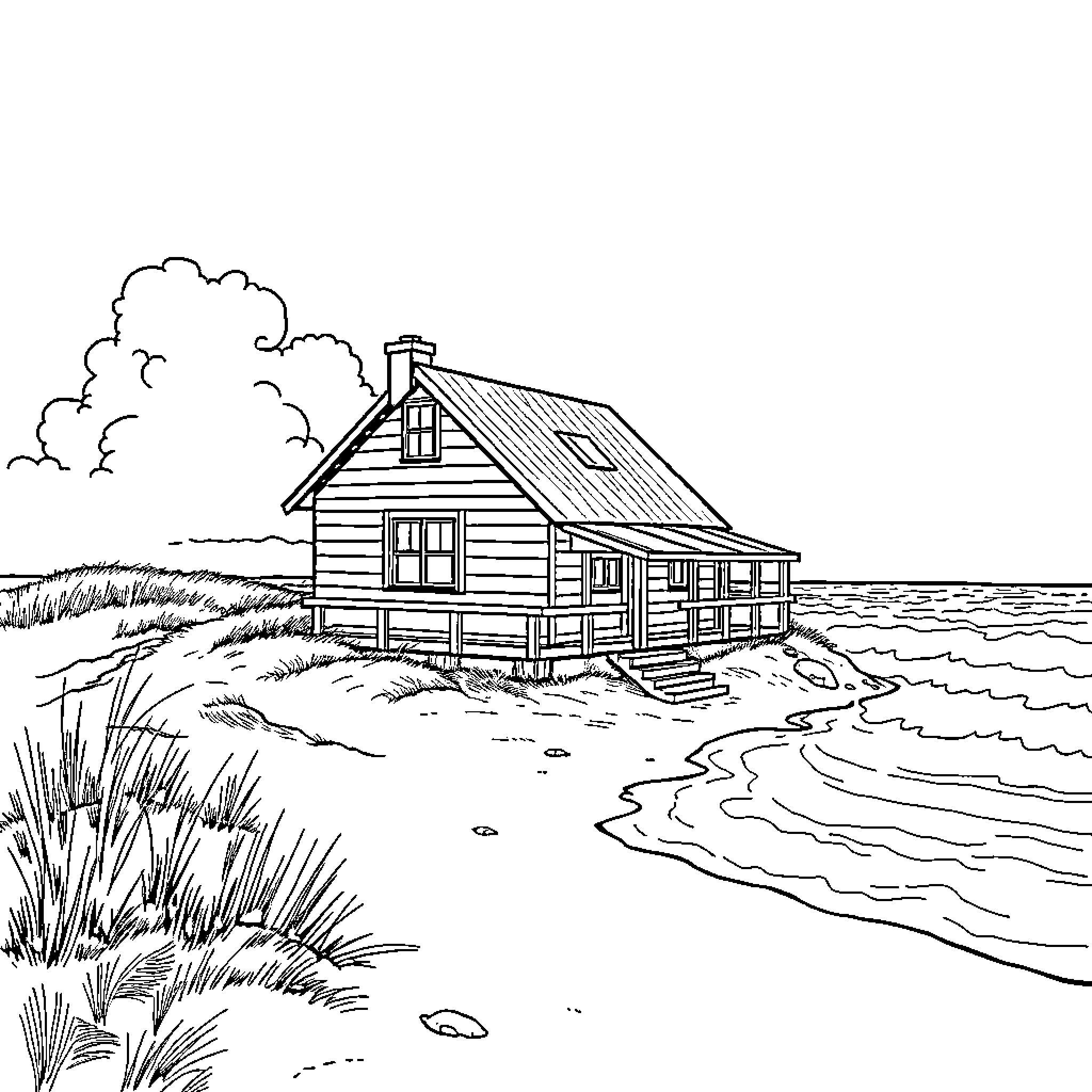 House by the Peaceful Beach Coloring Page (free black-and-white line drawing printable PDF for all, from beginners to advanced learners, including children, teens, adults, and seniors)
