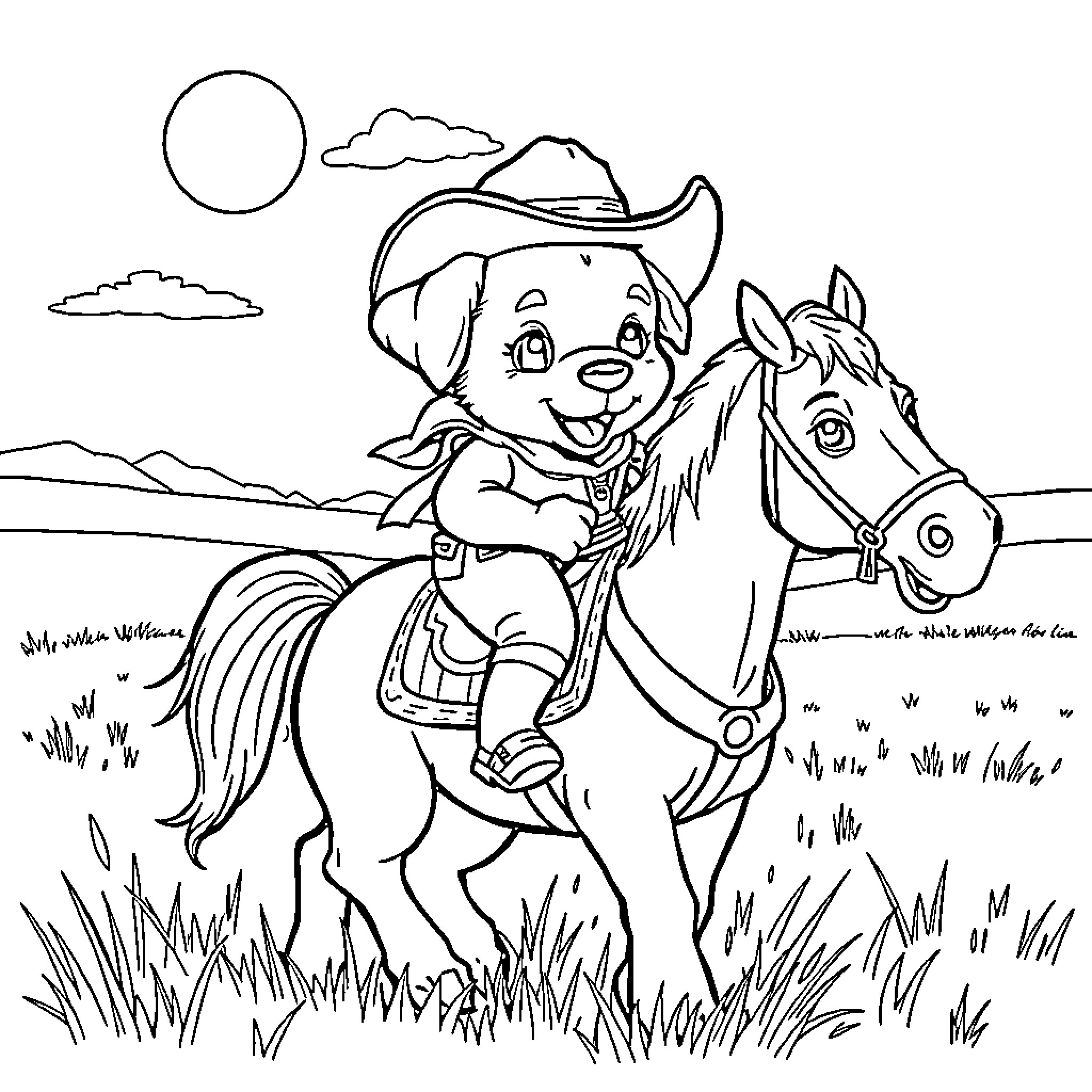 Puppy Cowboy Riding Cheerfully on Horse Coloring Page (free black-and-white line drawing printable PDF for all, from beginners to advanced learners, including children, teens, adults, and seniors)