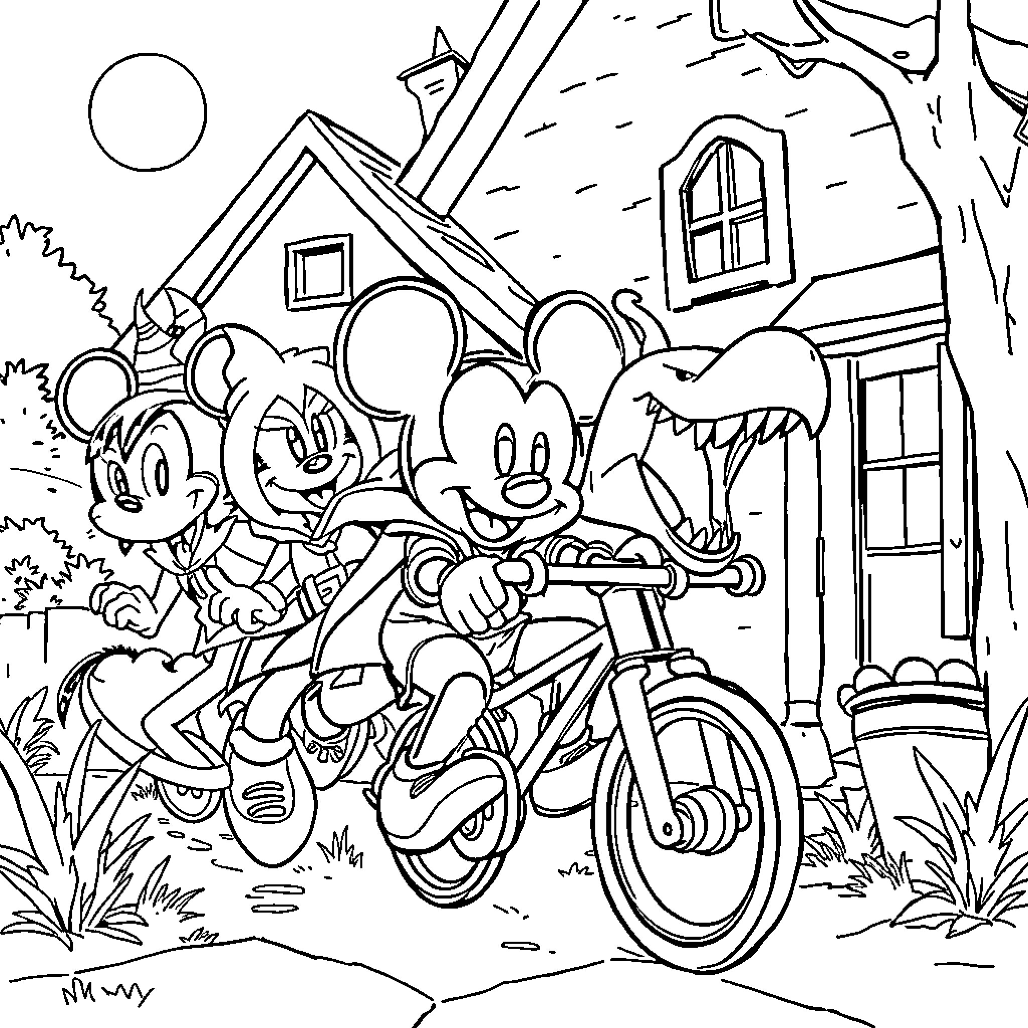 Character Trio Riding Bicycles in Town Coloring Page (free black-and-white line drawing printable PDF for all, from beginners to advanced learners, including children, teens, adults, and seniors)